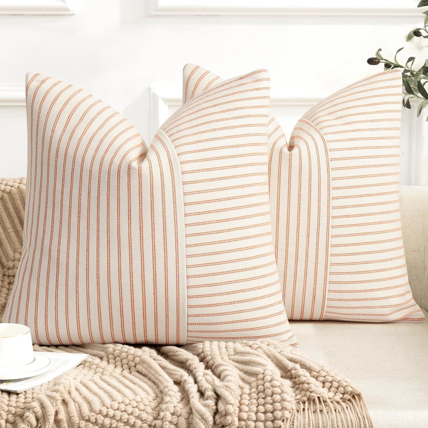 Linen Boho Beige Throw Pillow Cover — 18" — Burnt Orange