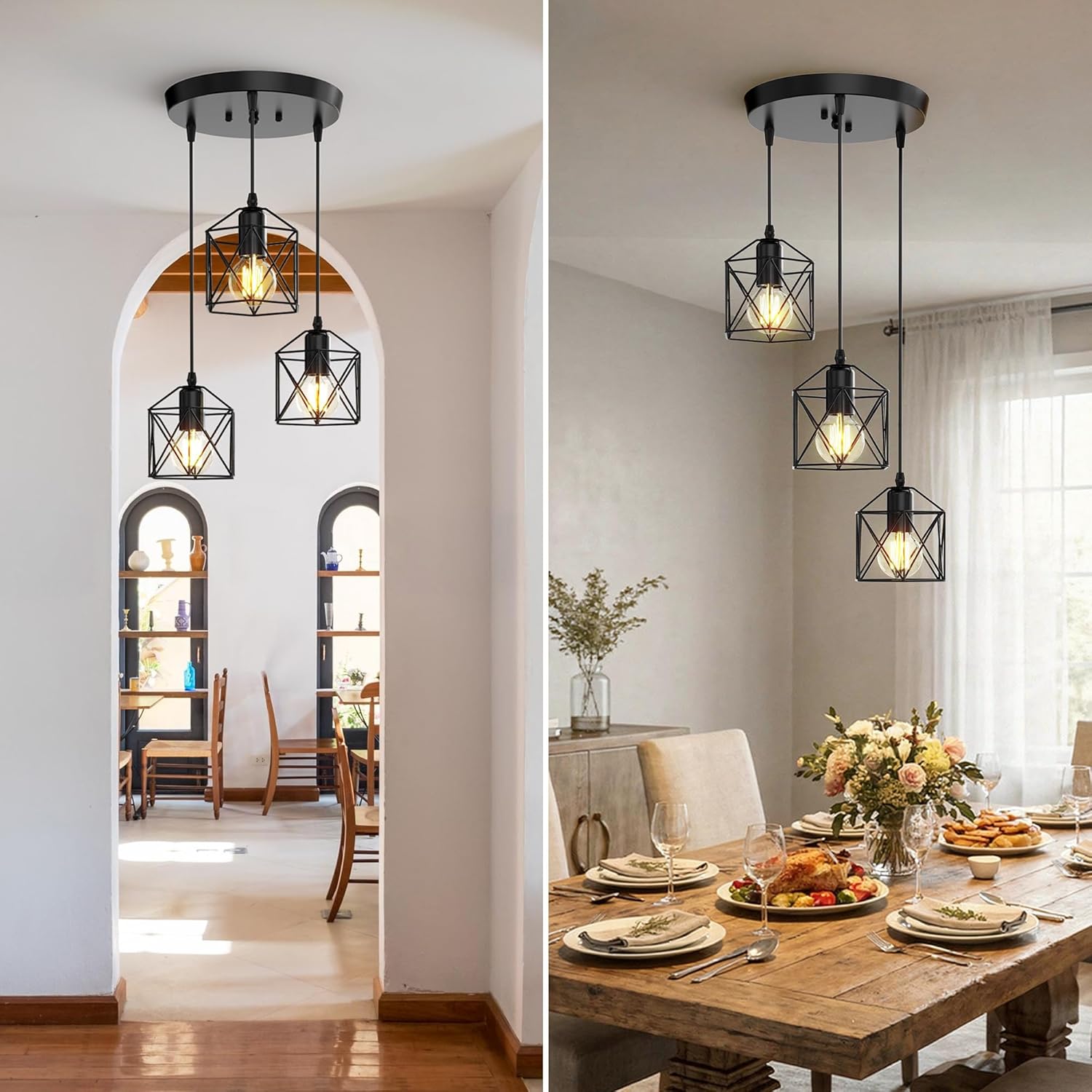 Adjustable Farmhouse Beige Pendant Light — 3-Light - View 8