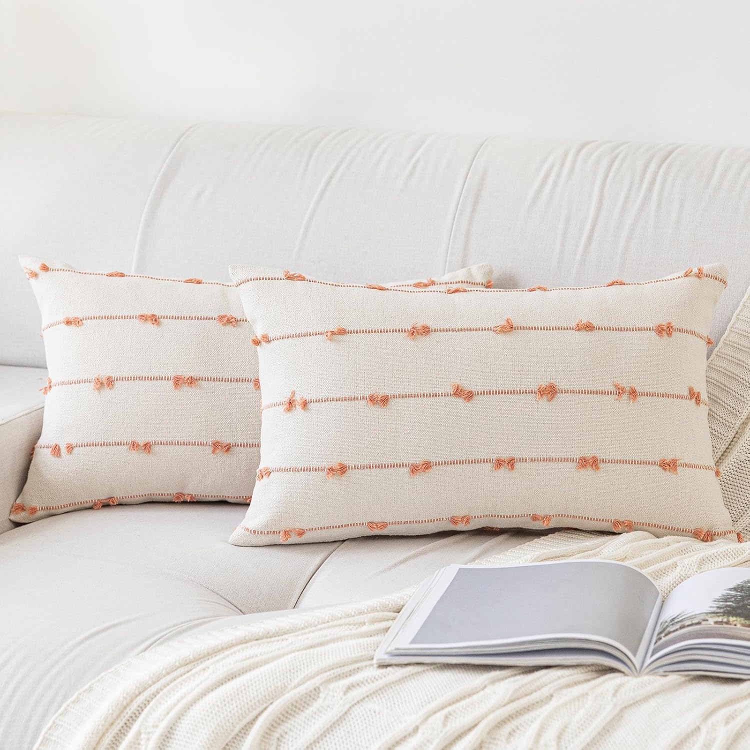 Tufted Boho Beige Throw Pillow Cover — 18" — Beige and Pink