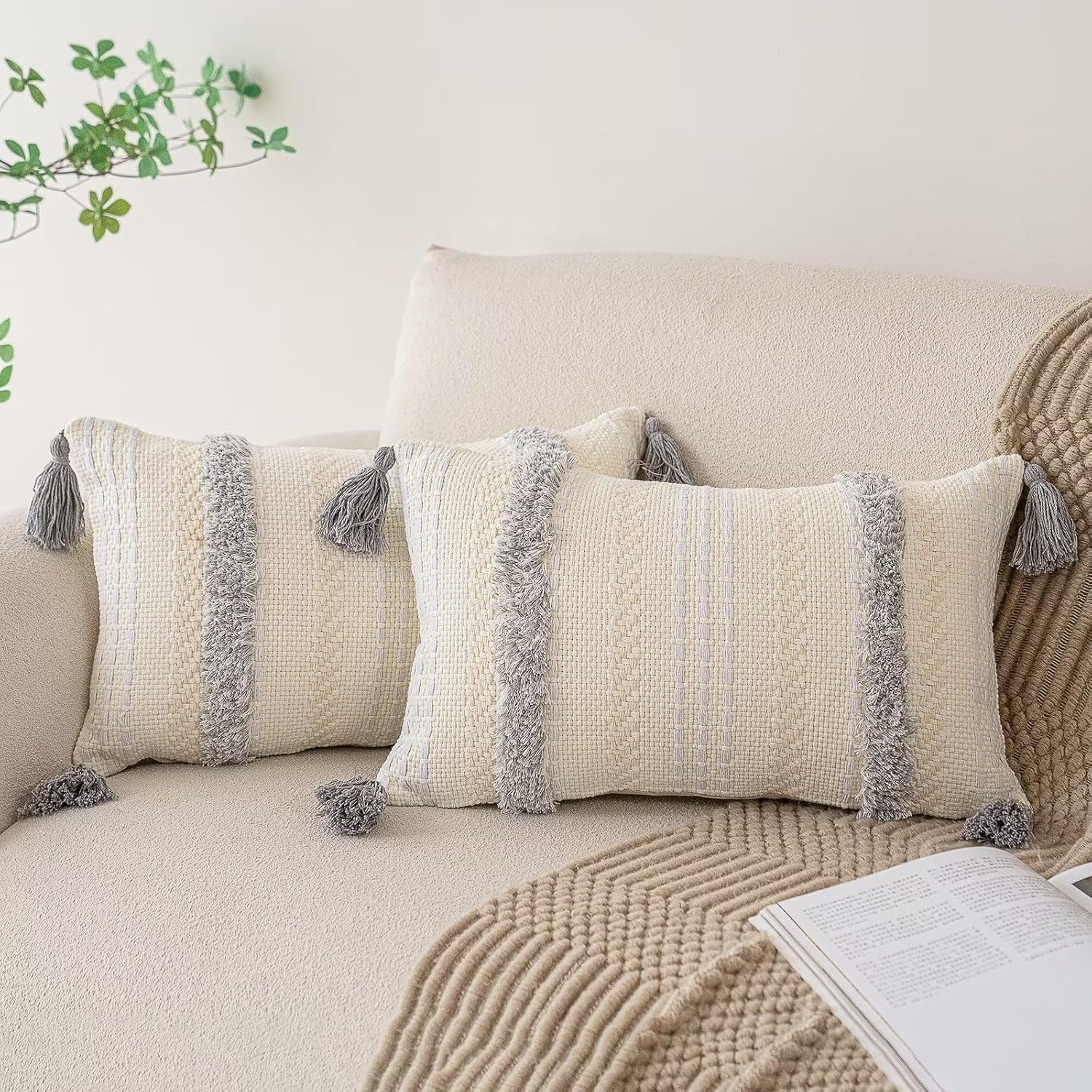 Tufted Boho Beige Throw Pillow Cover — 18" — Light Grey