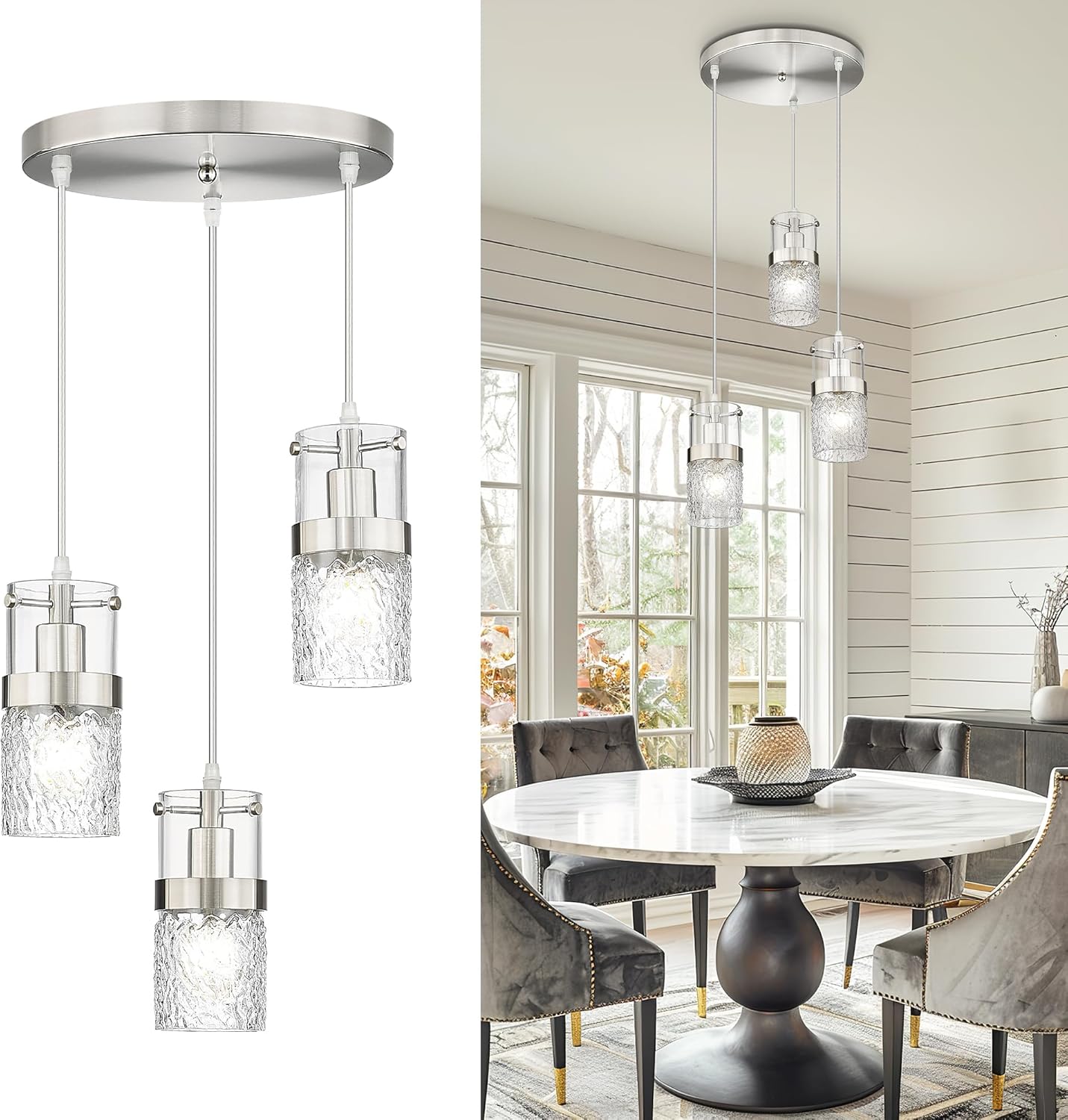 Adjustable Modern Black Pendant Light — 3.5" — Silver -Hammered Glass