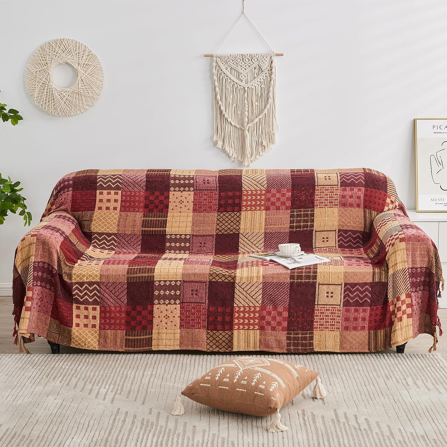 Chenille Boho Black Throw Pillow — 60x75 — Red Grid