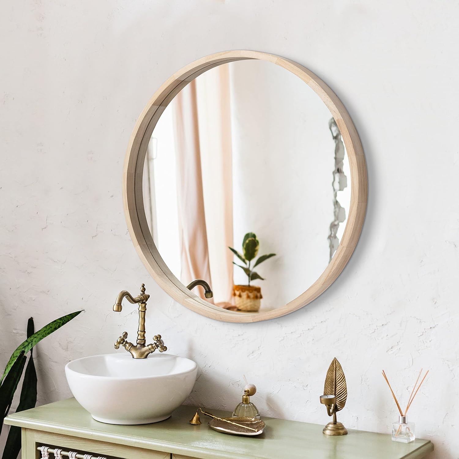 Framed Farmhouse Beige Wall Mirror — 30" — Natural Wood