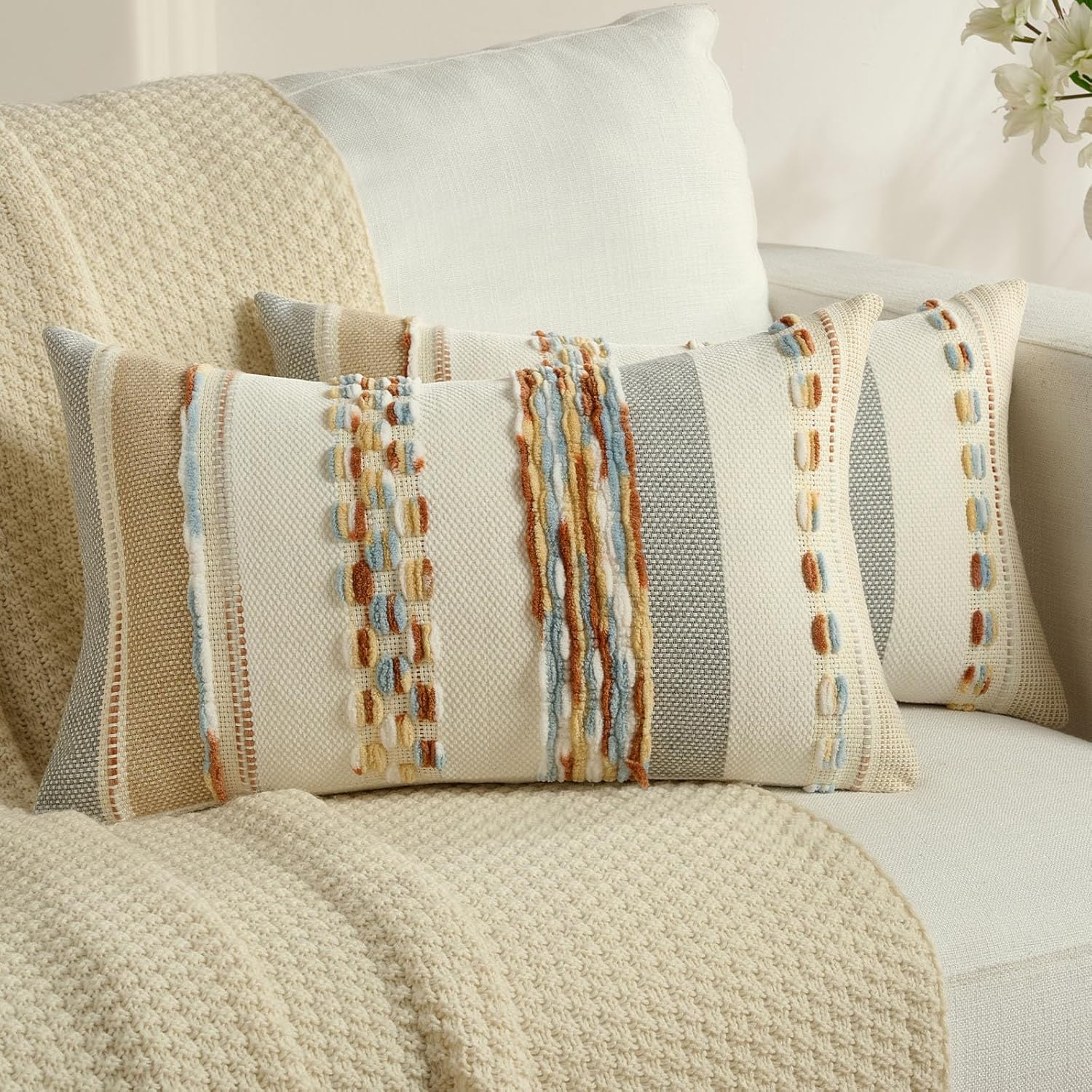 Tufted Boho Beige Throw Pillow Cover — 18" — Rust Blue Yellow