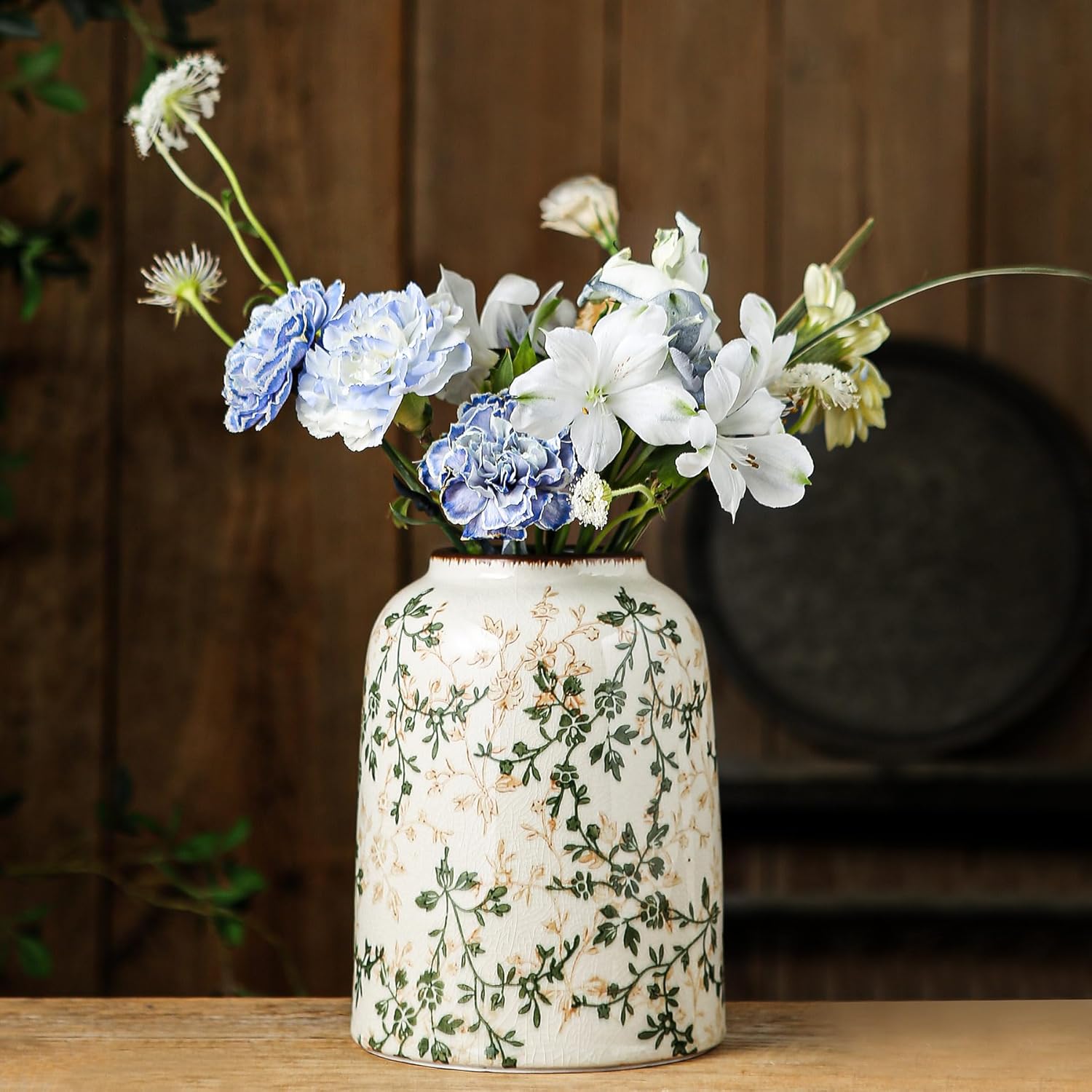 Vintage Farmhouse Beige Vase — 8" — 11-green and Beige