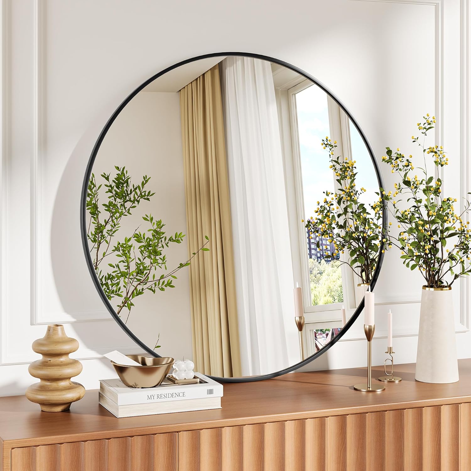 Round Farmhouse Black Wall Mirror — 36" — Black