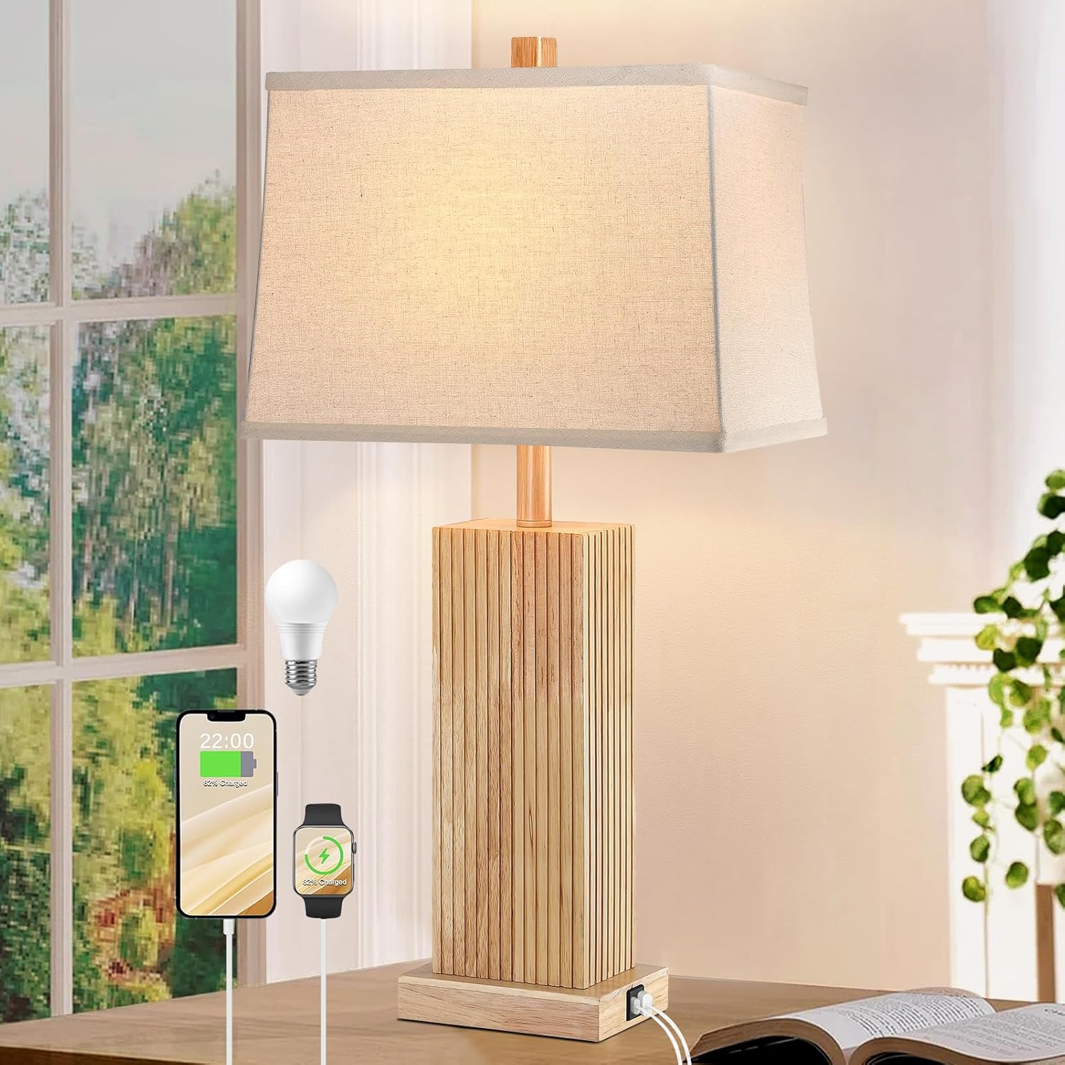 USB Charging Farmhouse Beige Table Lamp — 27.5" — Natural Wood 1 Pack