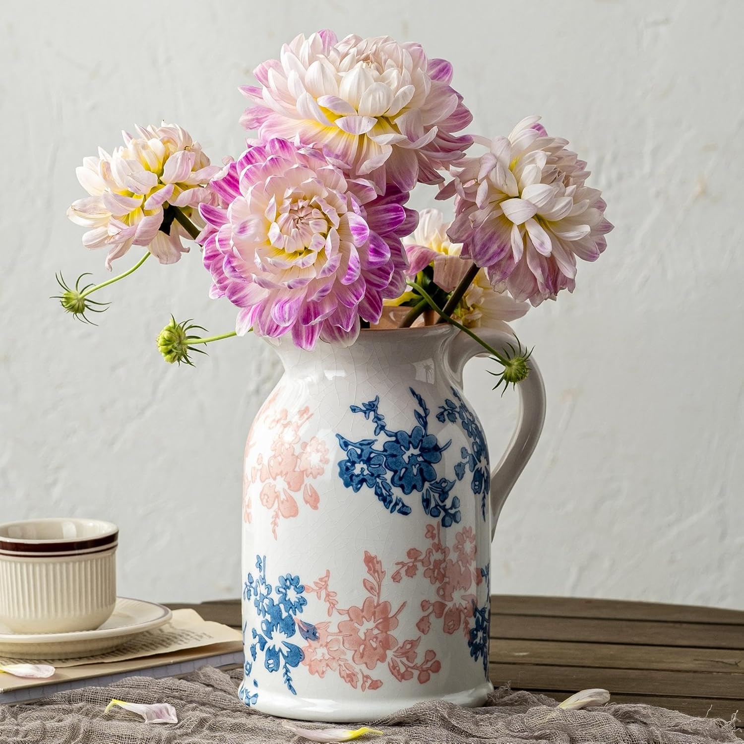 Round Farmhouse Blue Flower Vase — 8" — Pink & Blue