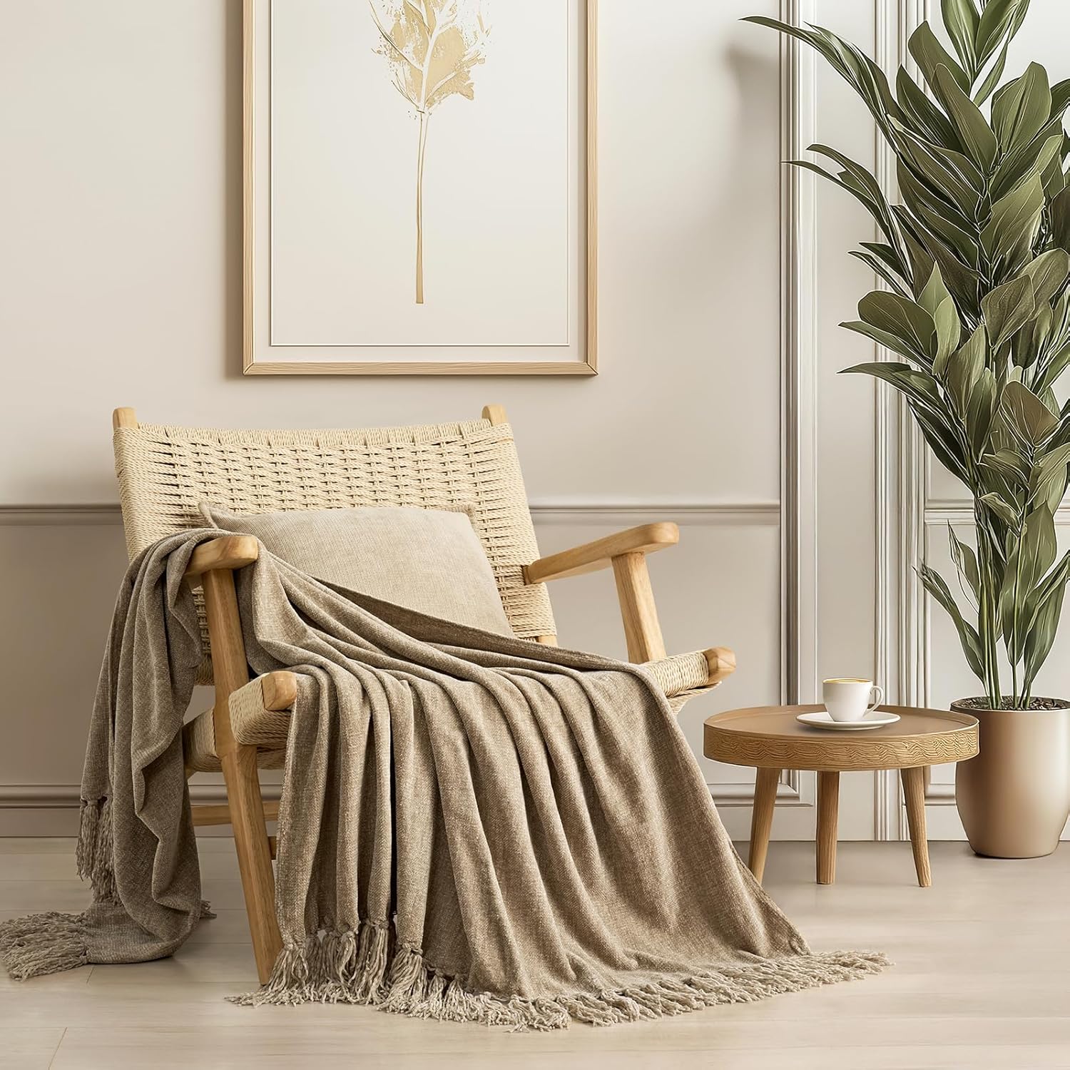Knit Boho Beige Throw Pillow — 50" — Beige