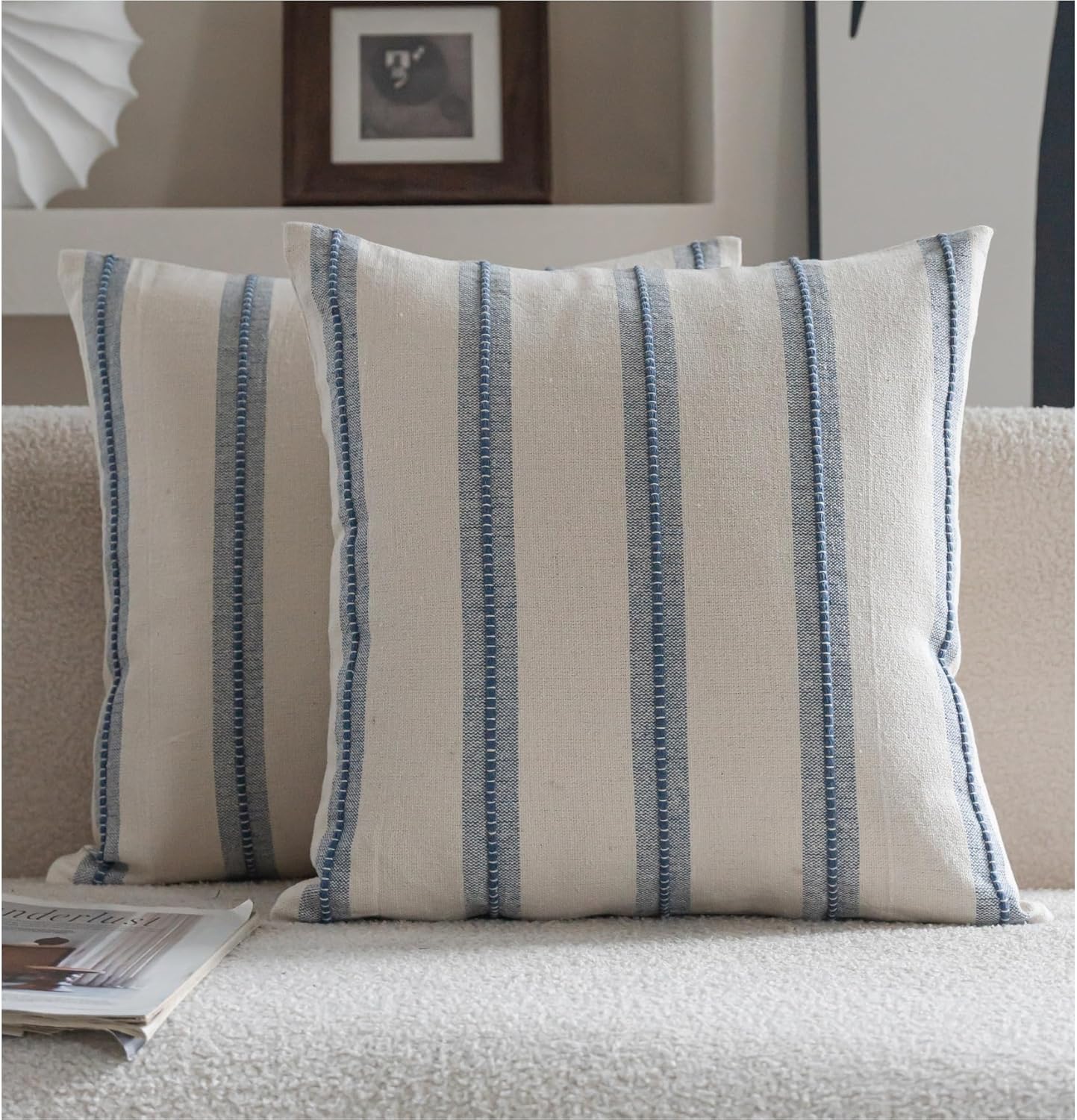Boho Beige Throw Pillow Cover — 18" — Classic Blue