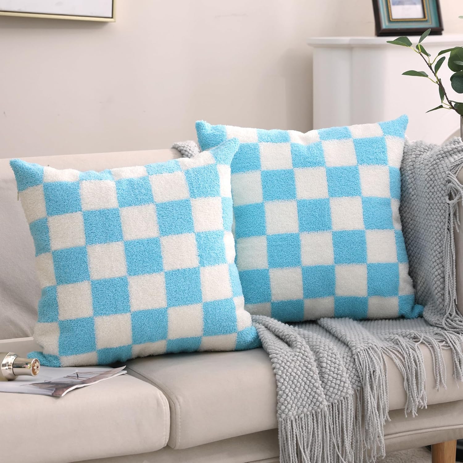 Tufted Boho Beige Throw Pillow Cover — 18" — - Blue White