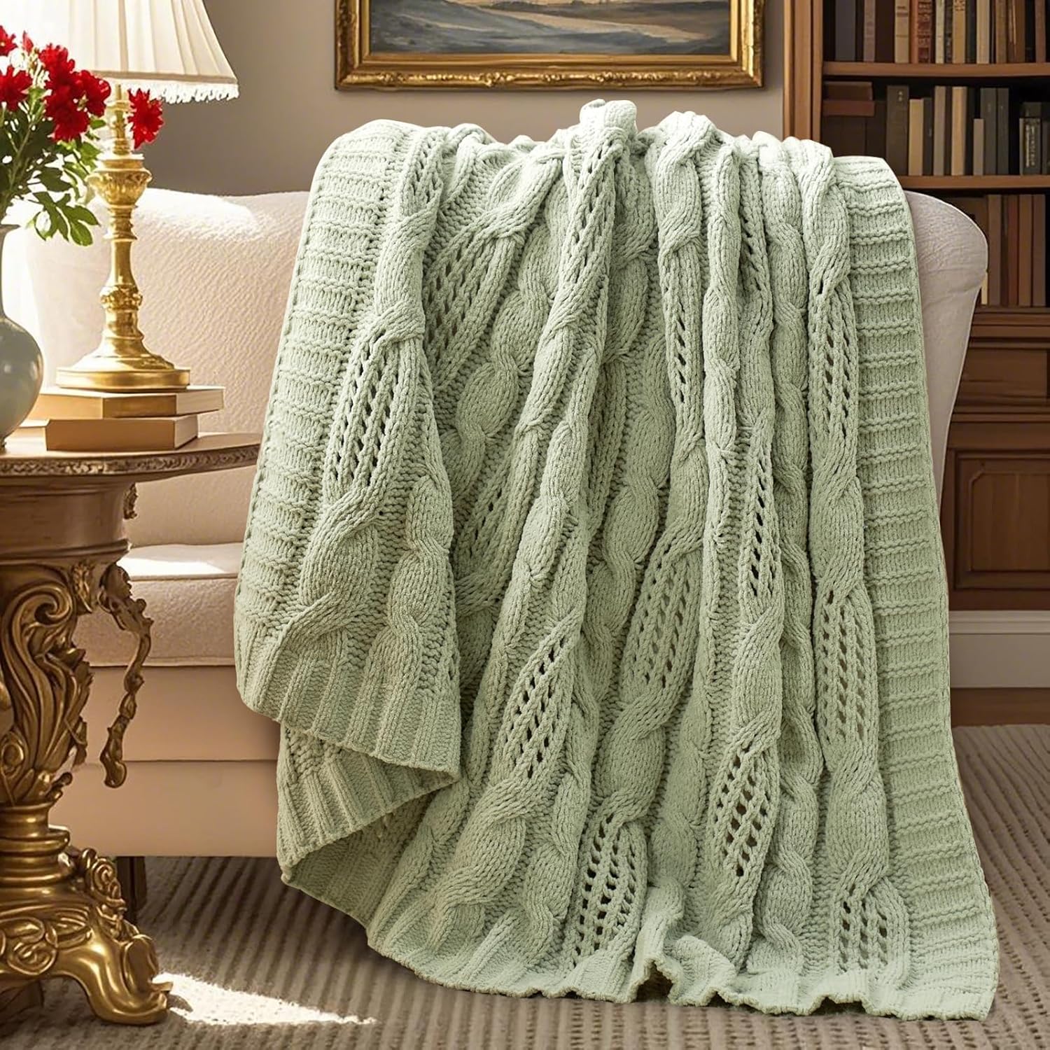 Knit Farmhouse Beige Throw Pillow — 50" — Sage Green
