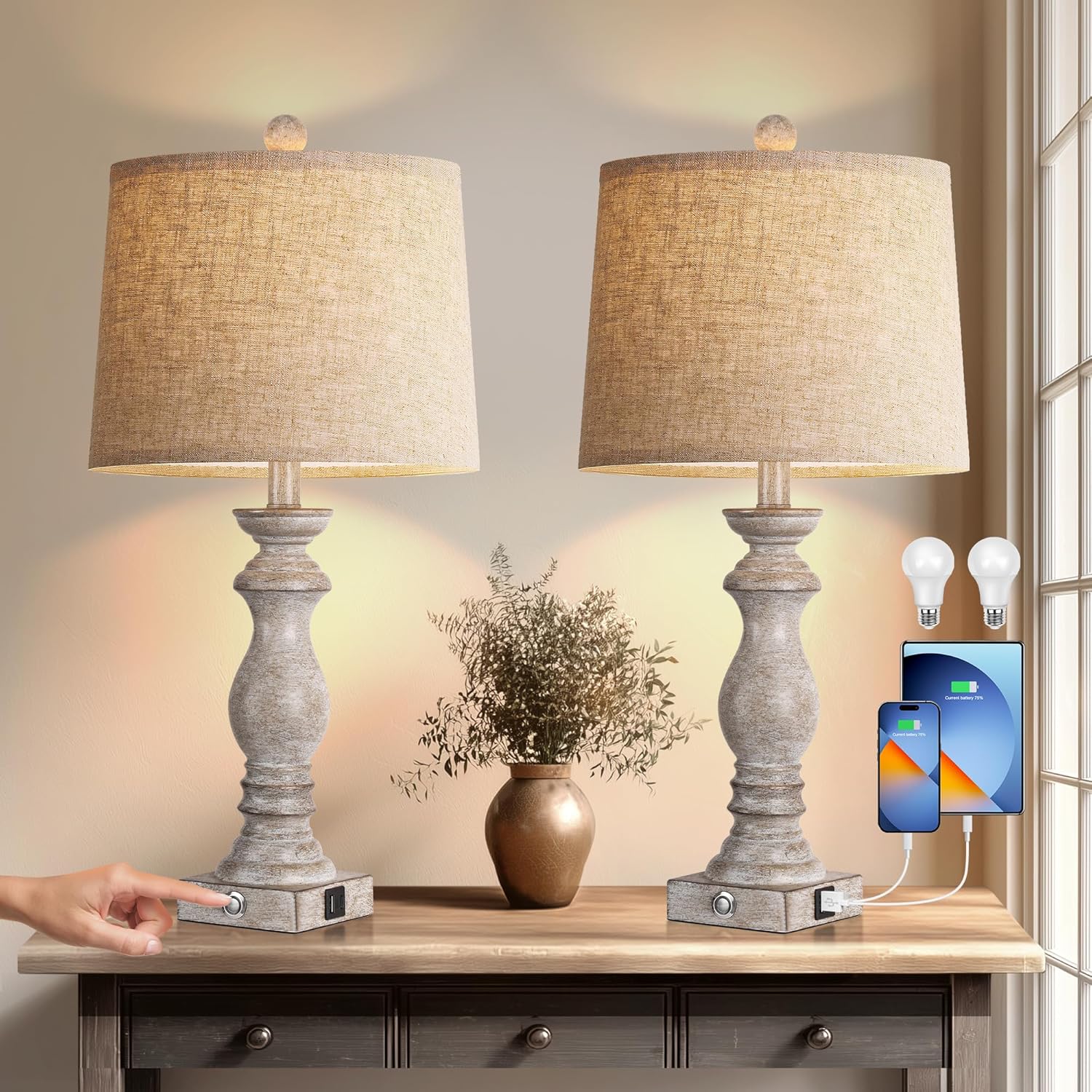 Linen Farmhouse Black Desk Lamp — 22" — Antique White 24.5" (LED Bulbs)