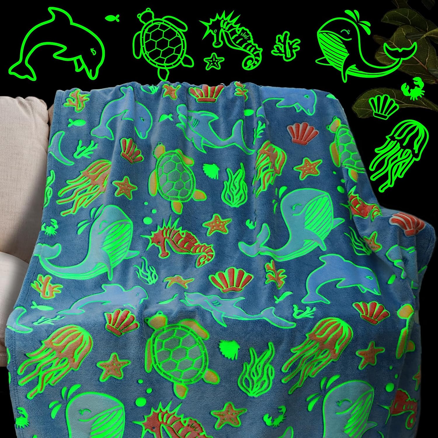 Luxe Blue Throw Pillow — 50" — Fluorescent Dolphin