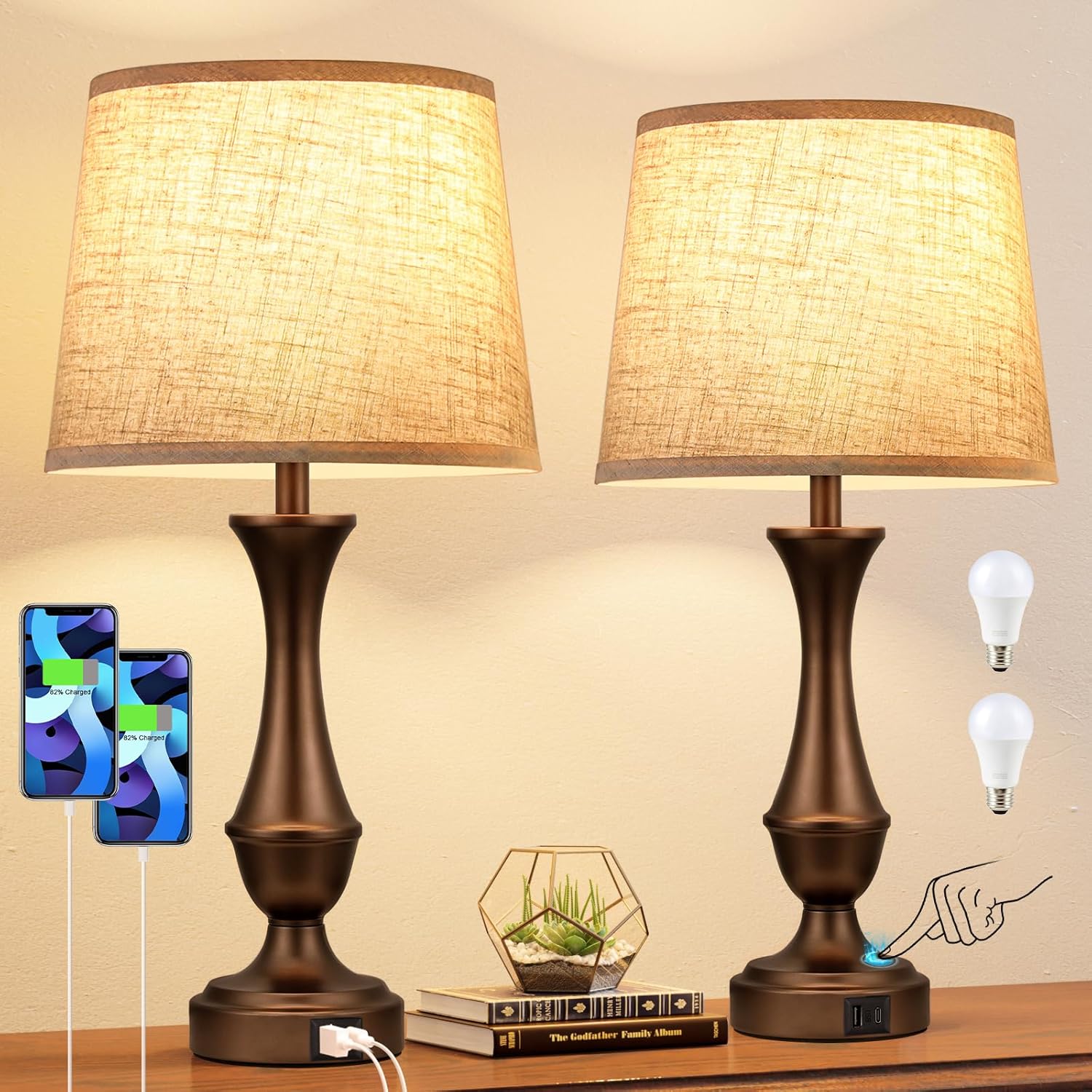 Dimmable Beige Bedside Lamp — Set of 2 — J. Beige Shade & Brown Base