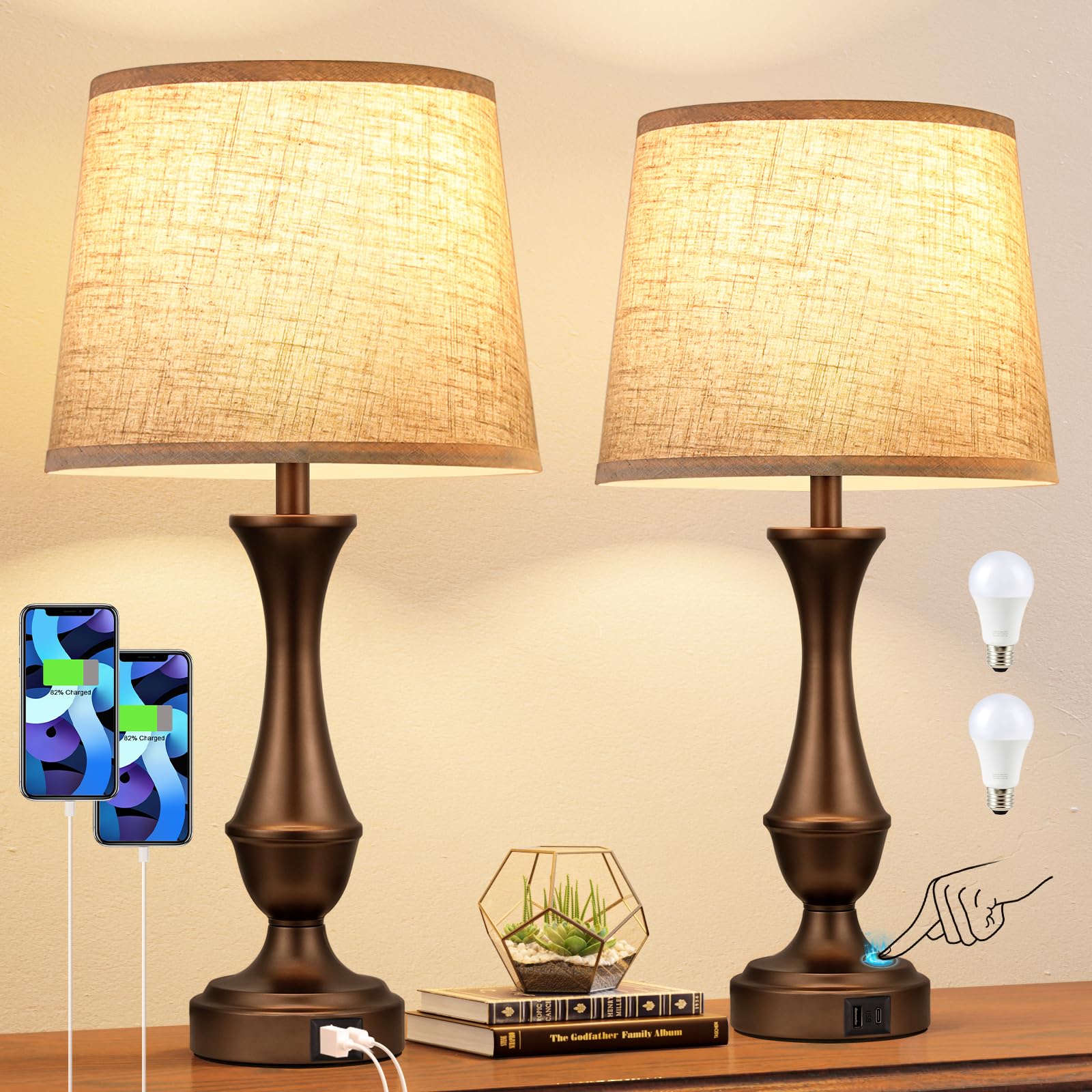 Dimmable Beige Bedside Lamp — Set of 2