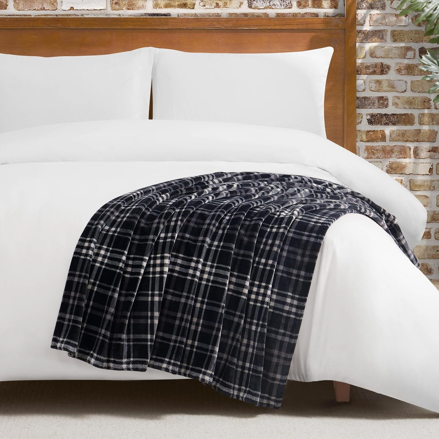 Beige Throw Pillow — 50" — Camper Plaid Black