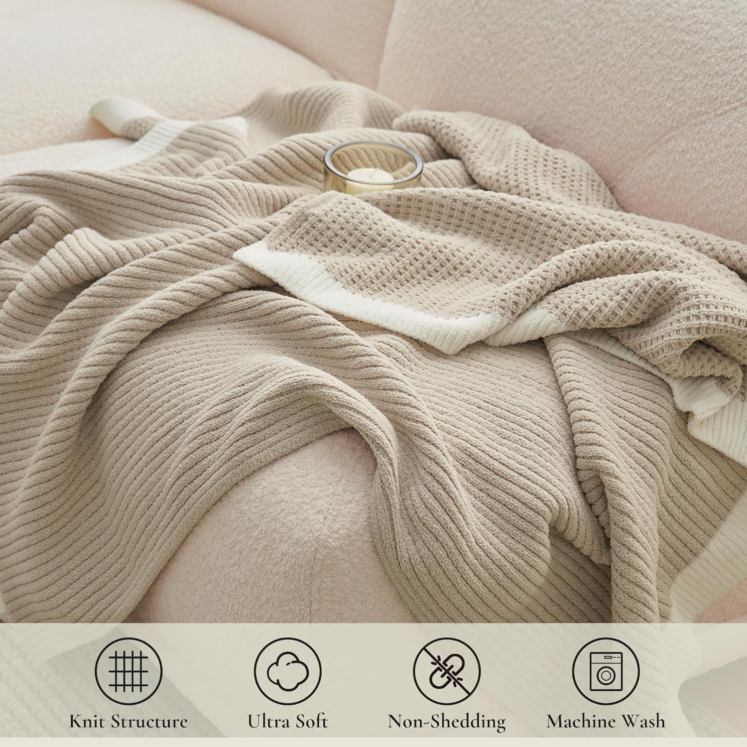 Knit Beige Throw Pillow — 50" - View 4