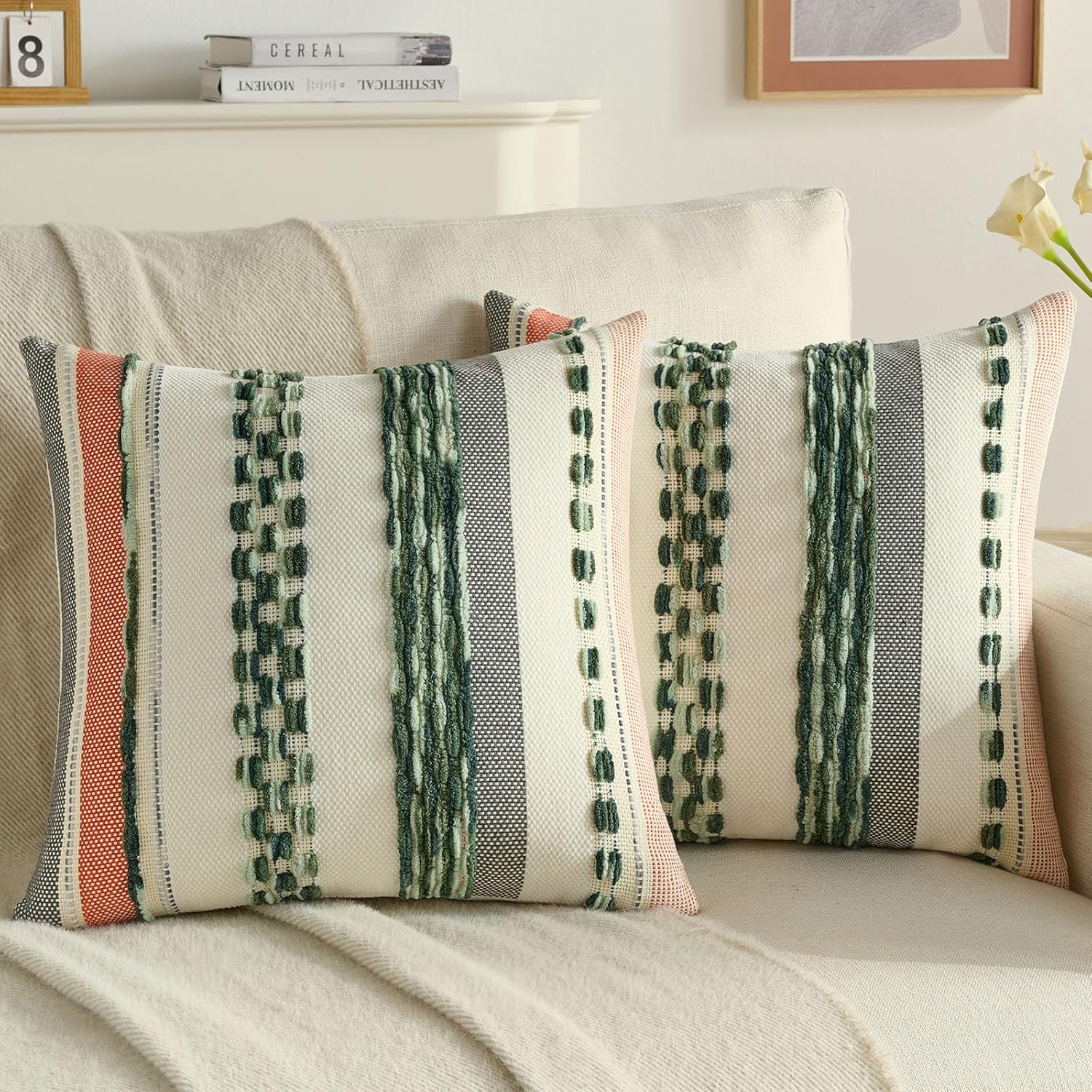 Tufted Boho Beige Throw Pillow Cover — 18" — Dark Light Green