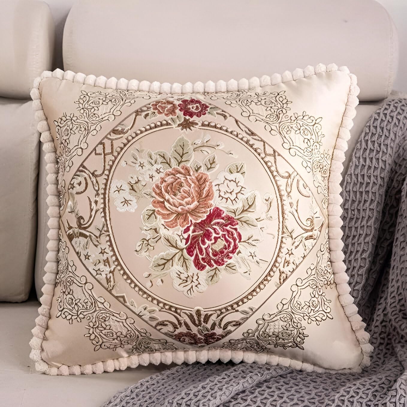 Embroidered Boho Beige Throw Pillow Cover — 18" — Cream Beige Pack2