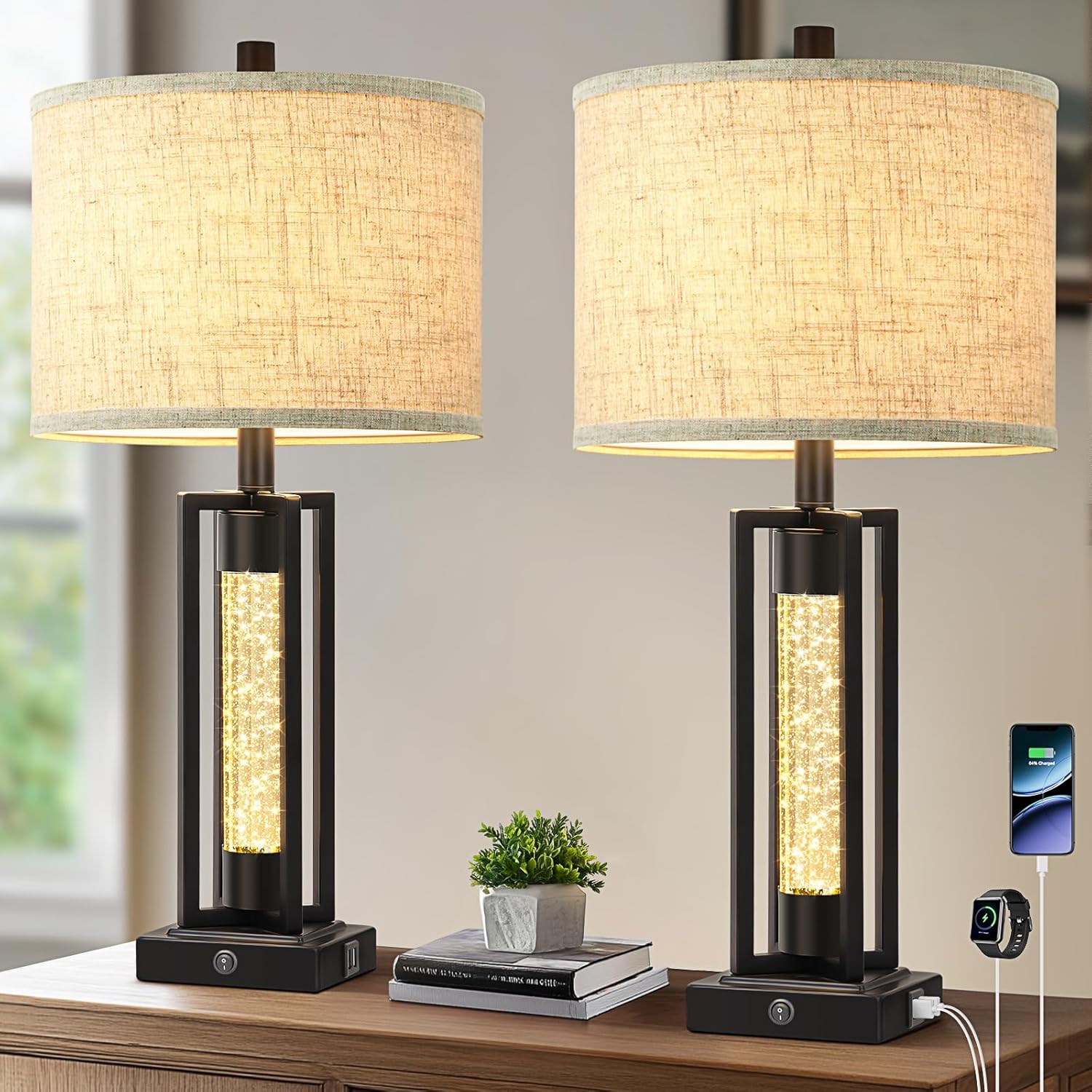 USB Farmhouse Black Bedside Lamp — Set of 2 — 2 Packs-Black