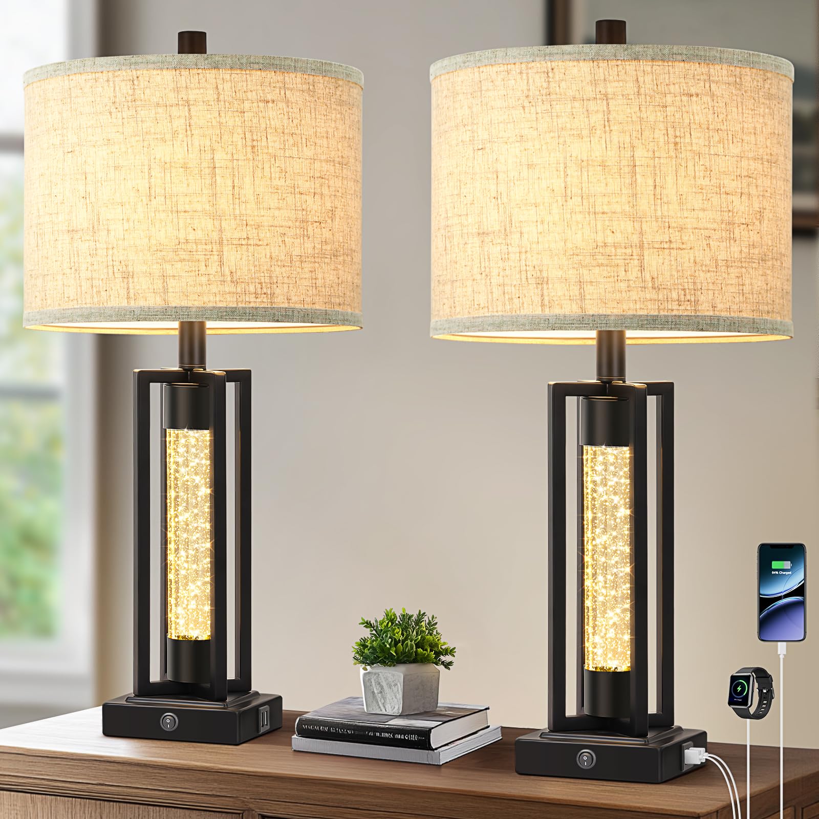 USB Farmhouse Black Bedside Lamp — Set of 2