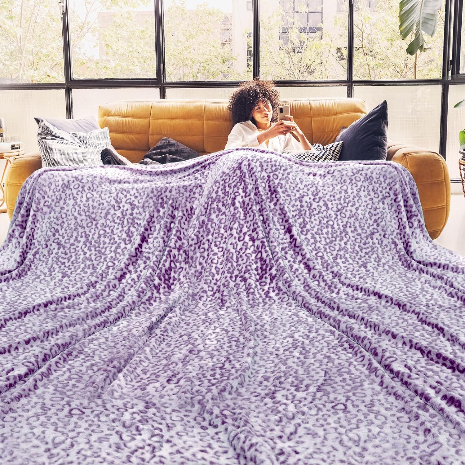 Black Throw Pillow — 50" — Purple Leopard