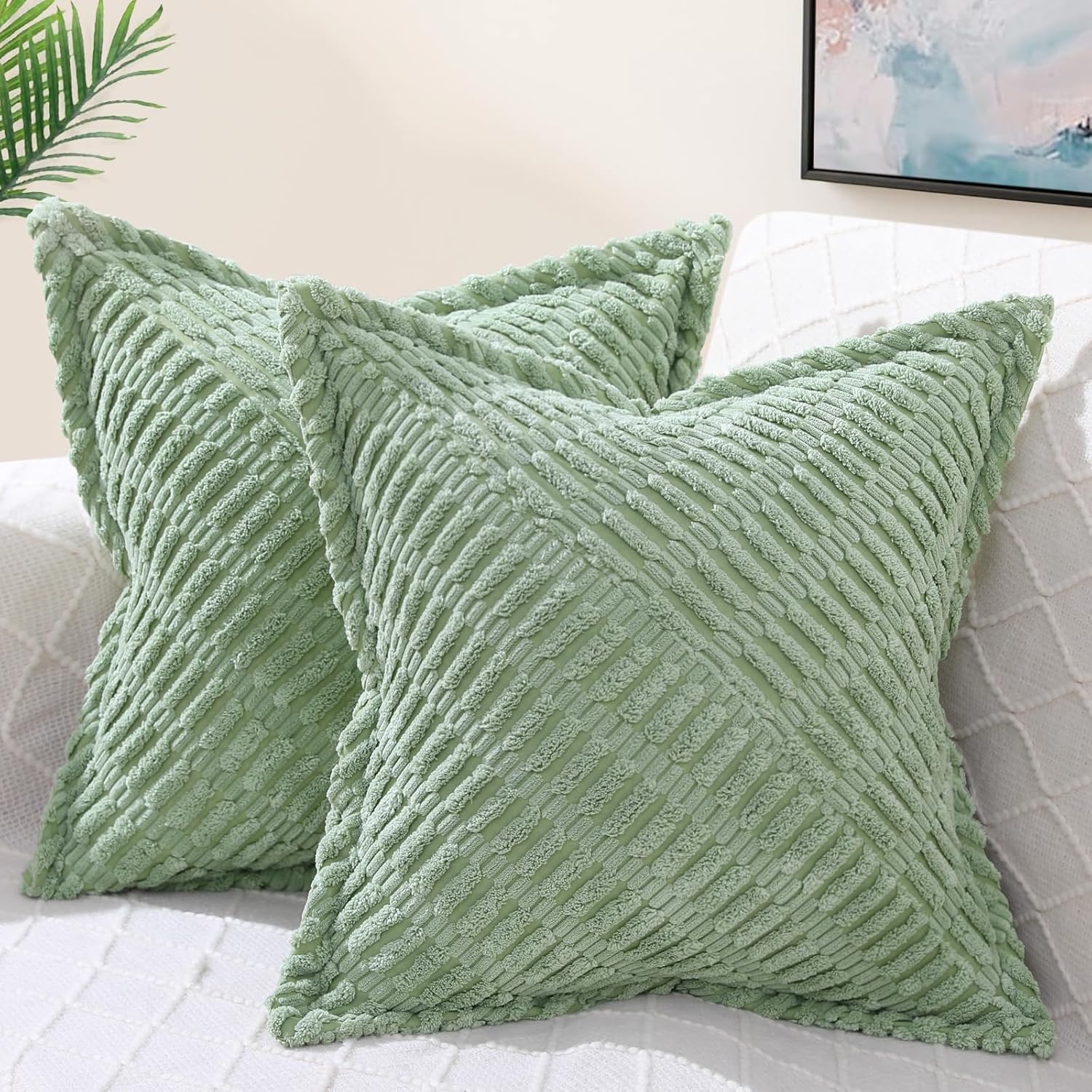Boho Beige Throw Pillow Cover — 18" — Sage Green