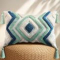 Tufted Boho Beige Throw Pillow Cover — 18" — Green Blue Rhomb