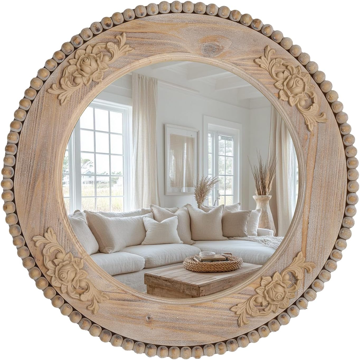 Round Boho Brown Wall Mirror — 24" — 24"L x 24"W