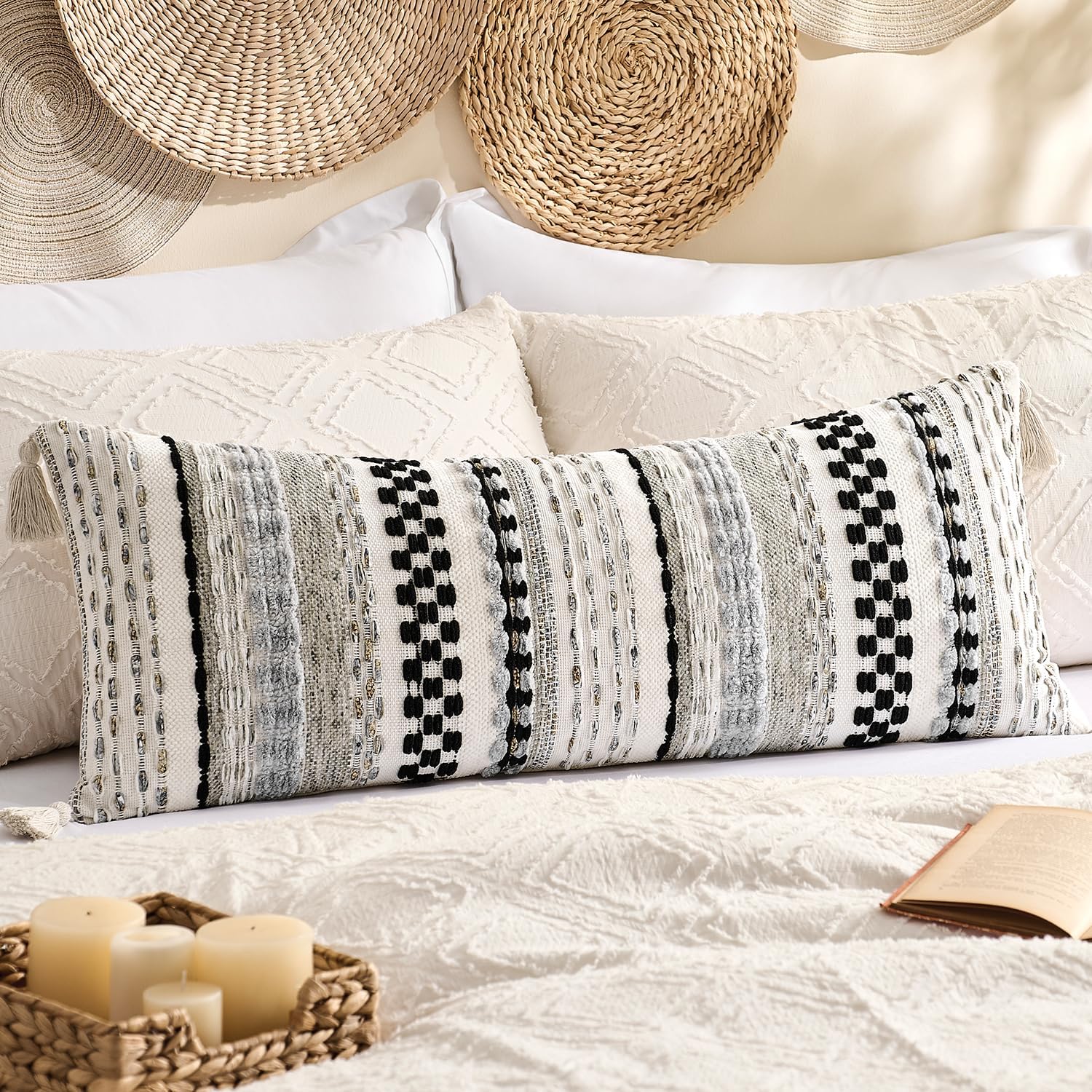 Tufted Boho Beige Throw Pillow Cover — 20" — 36" x 14" (Pack of 1)