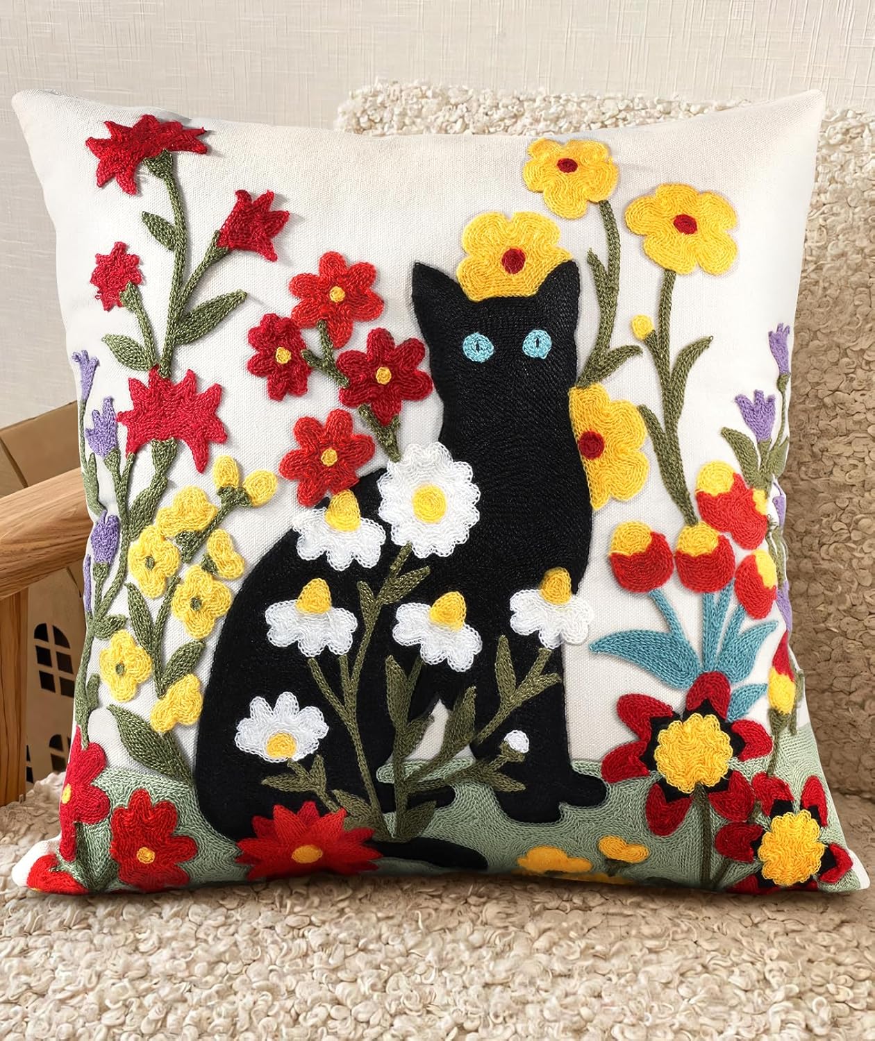 Embroidered Boho Yellow Throw Pillow Cover — 18" — Flower Cats