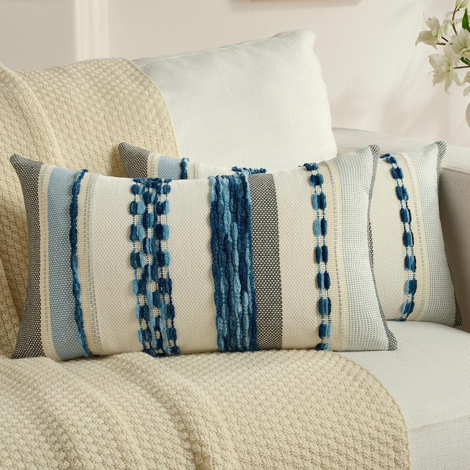 Tufted Boho Beige Throw Pillow Cover — 18" — Navy Blue