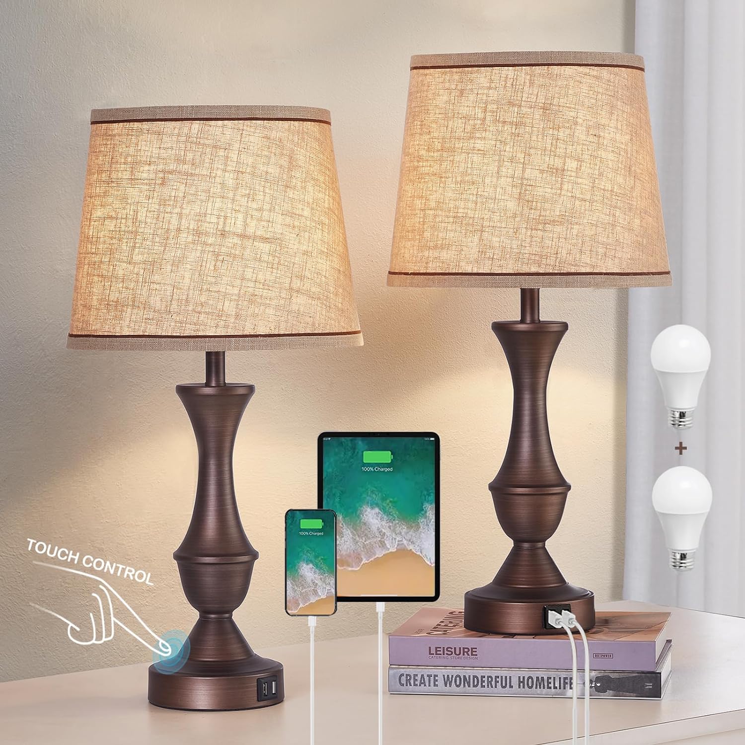 Dimmable Luxe Beige Bedside Lamp — 22" — Brown