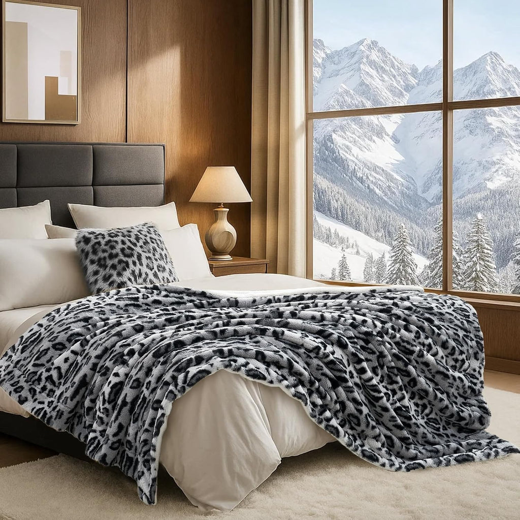 Black Throw Pillow — 50" — Snow Leopard
