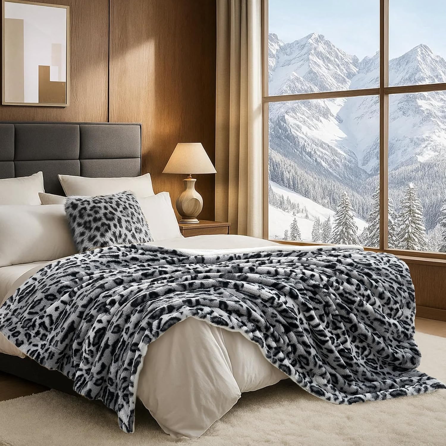 Black Throw Pillow — 50" — Snow Leopard