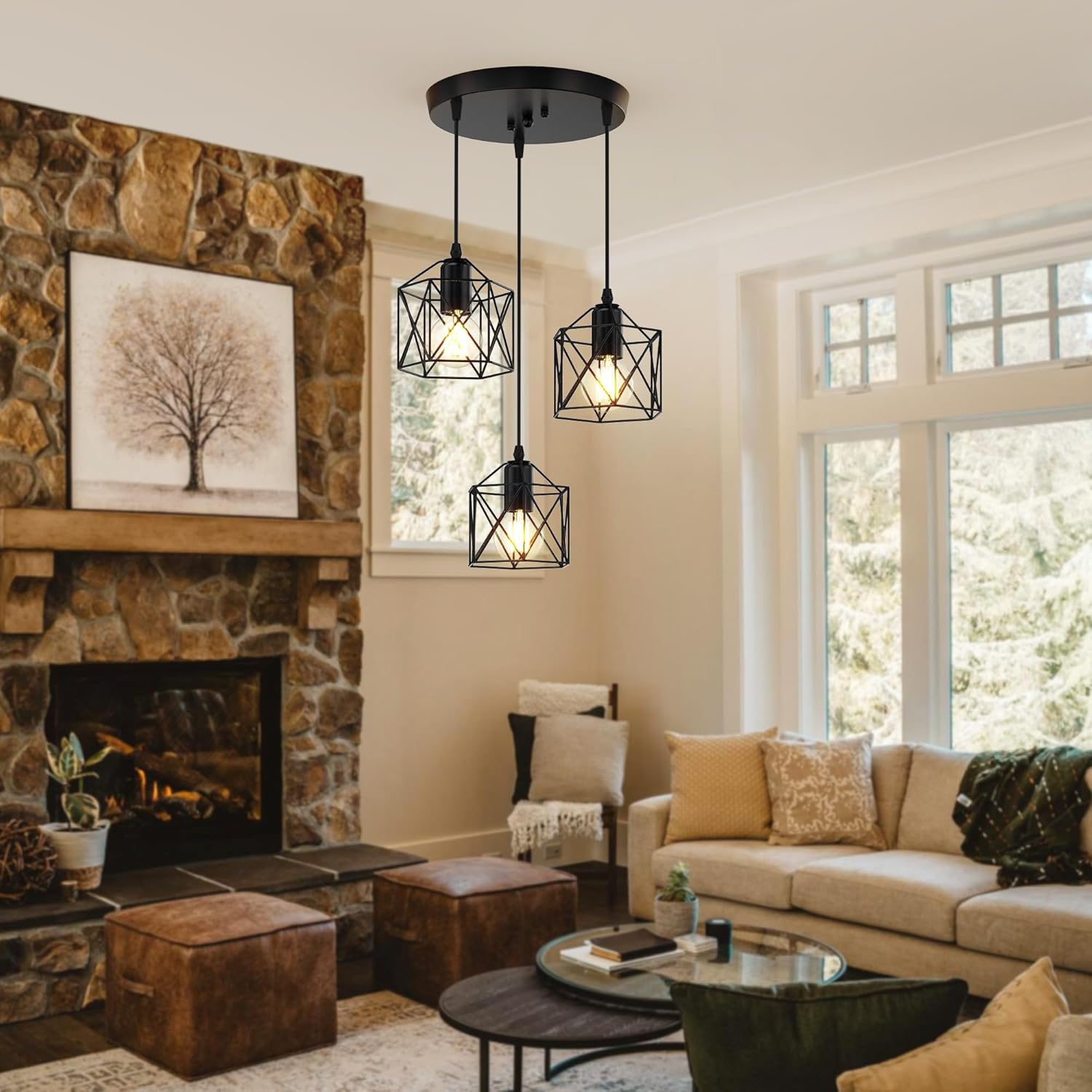 Adjustable Farmhouse Beige Pendant Light — 3-Light - View 7