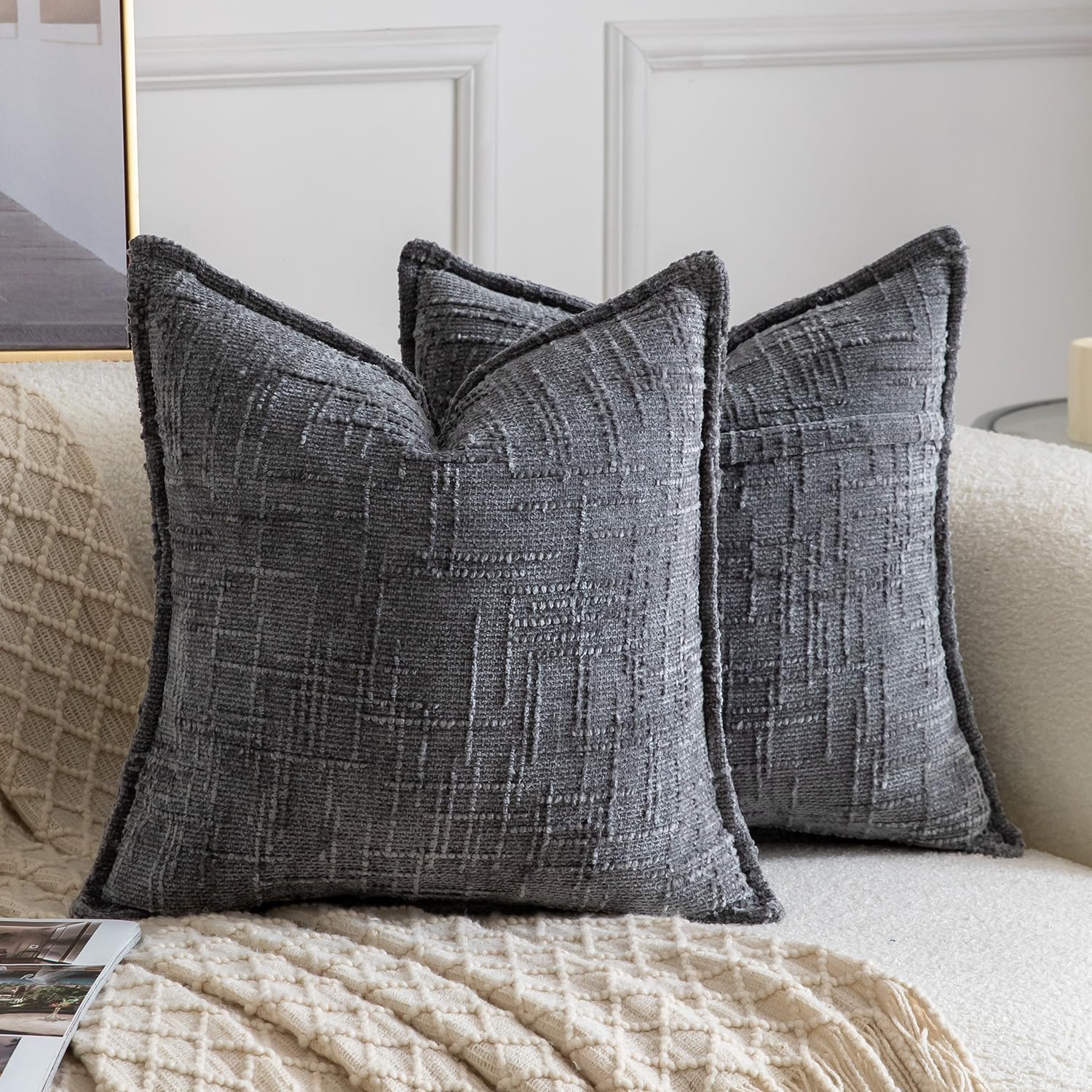 Chenille Boho Beige Throw Pillow Cover — 18" — Dark Grey