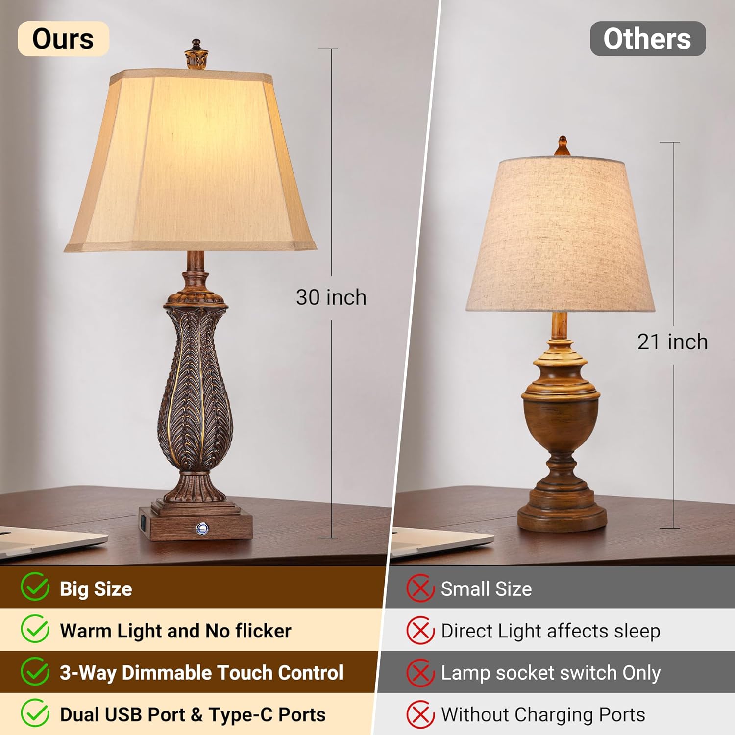 Dimmable Farmhouse Brown Bedside Lamp — 30" - View 5