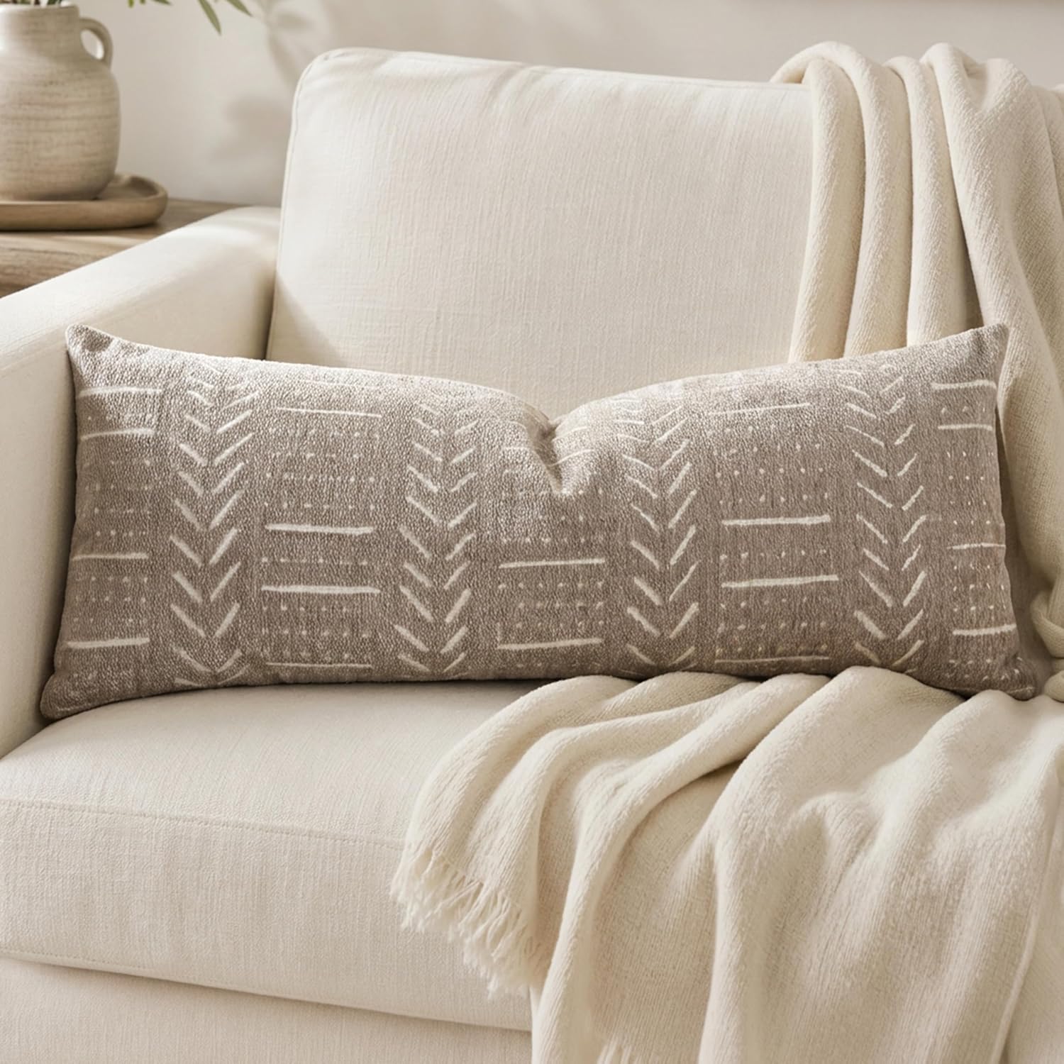 Lumbar Boho Beige Throw Pillow Cover — 20" — 36" x 14" (Pack of 1)
