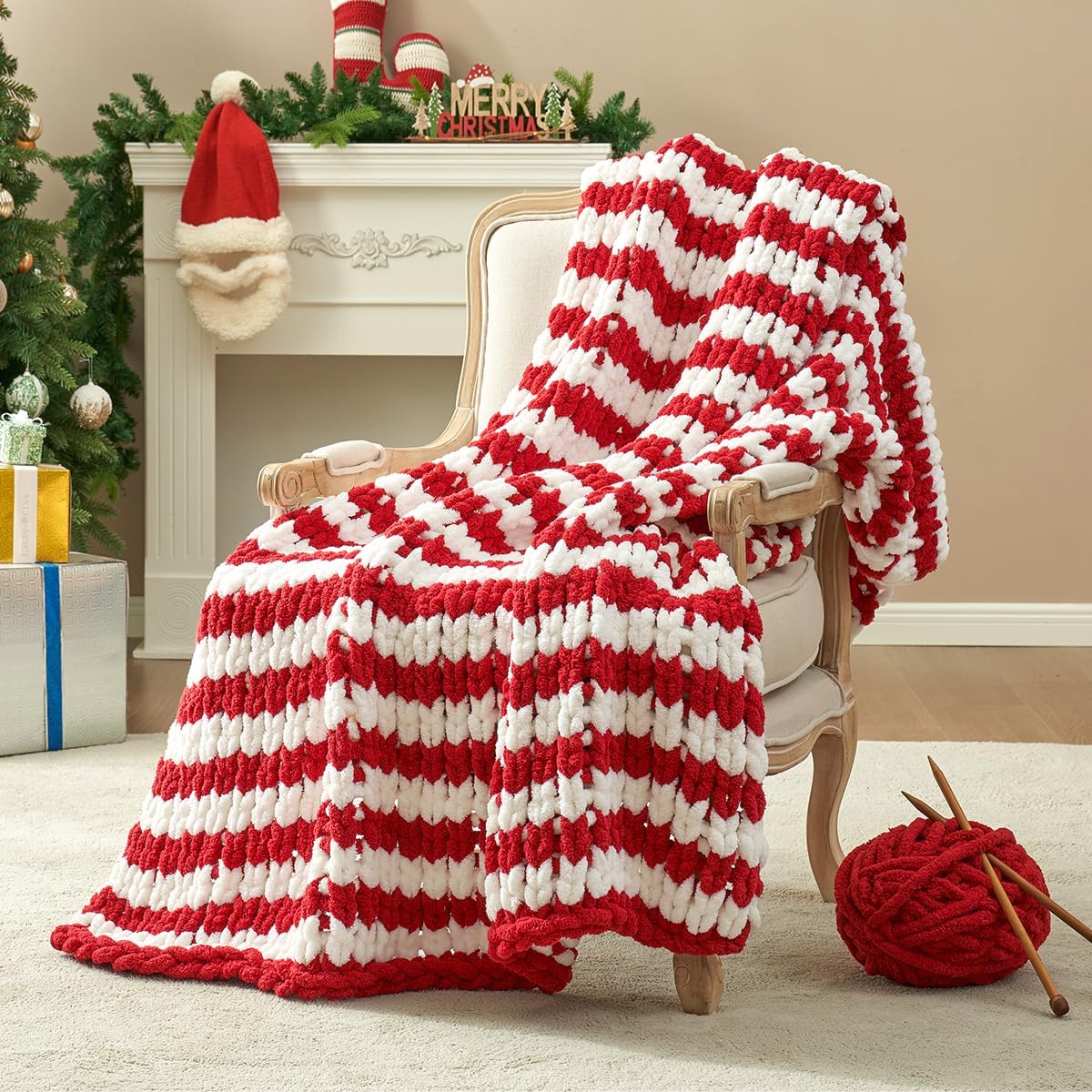 Knit Beige Throw Pillow — 50" — Red White Stripe