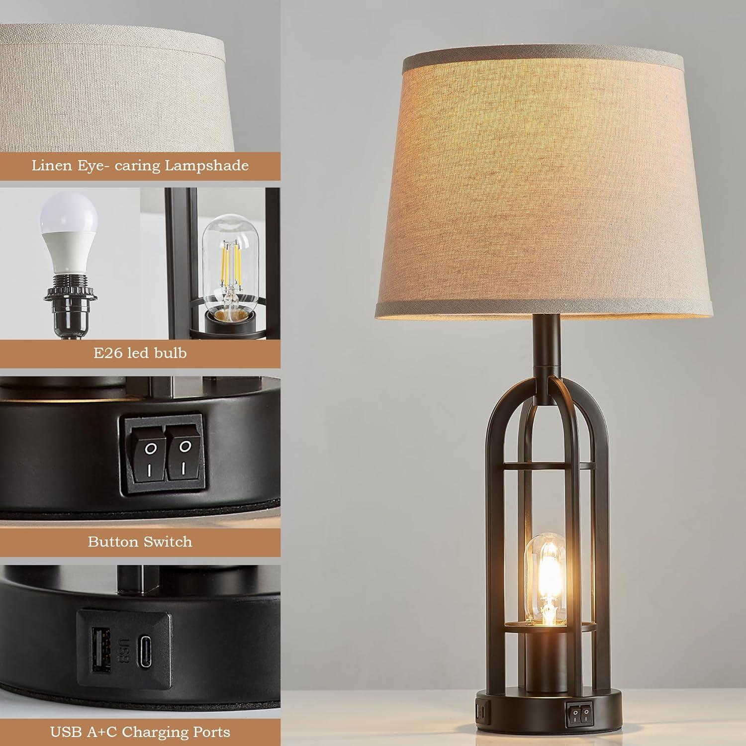 USB Farmhouse Black Bedside Lamp — 24" - View 5