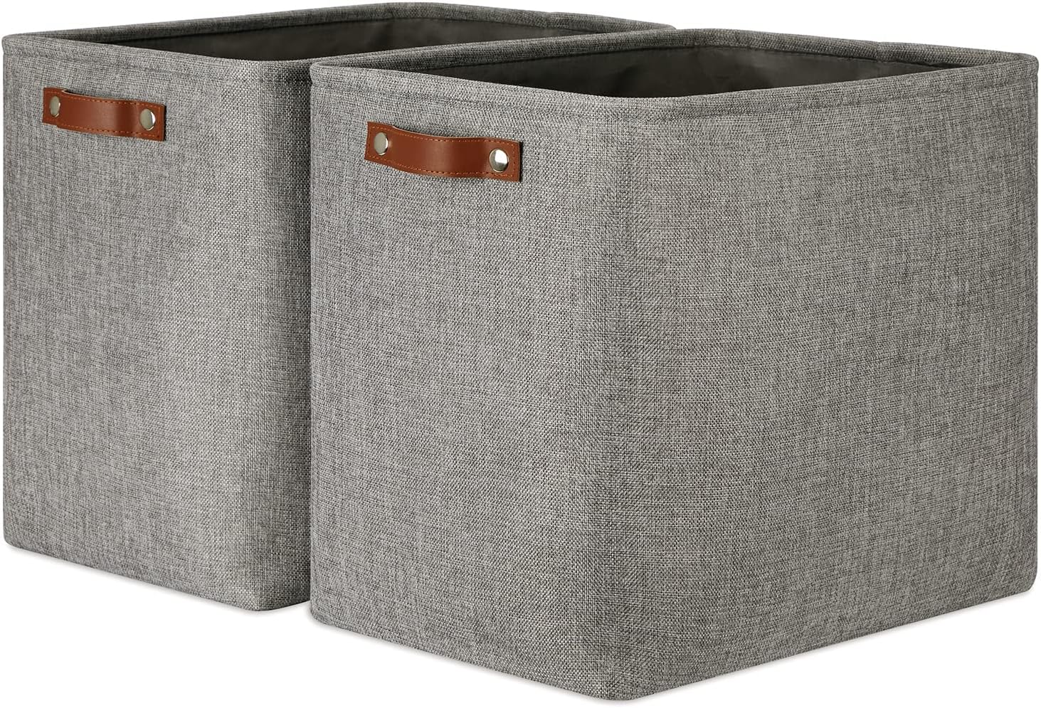 Beige Storage Basket — 17" — Grey-Leather Handles