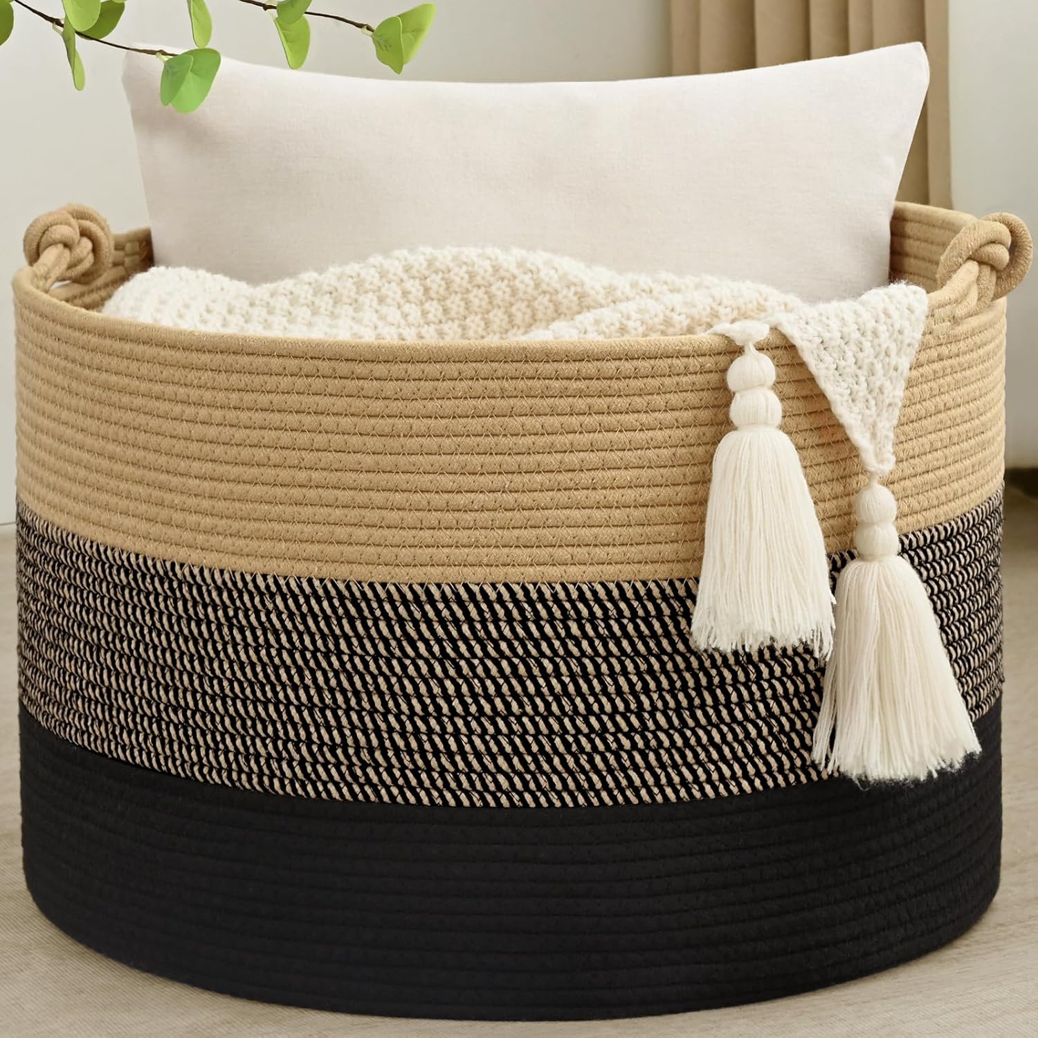 Boho Beige Throw Pillow — 20" — Brown & Black