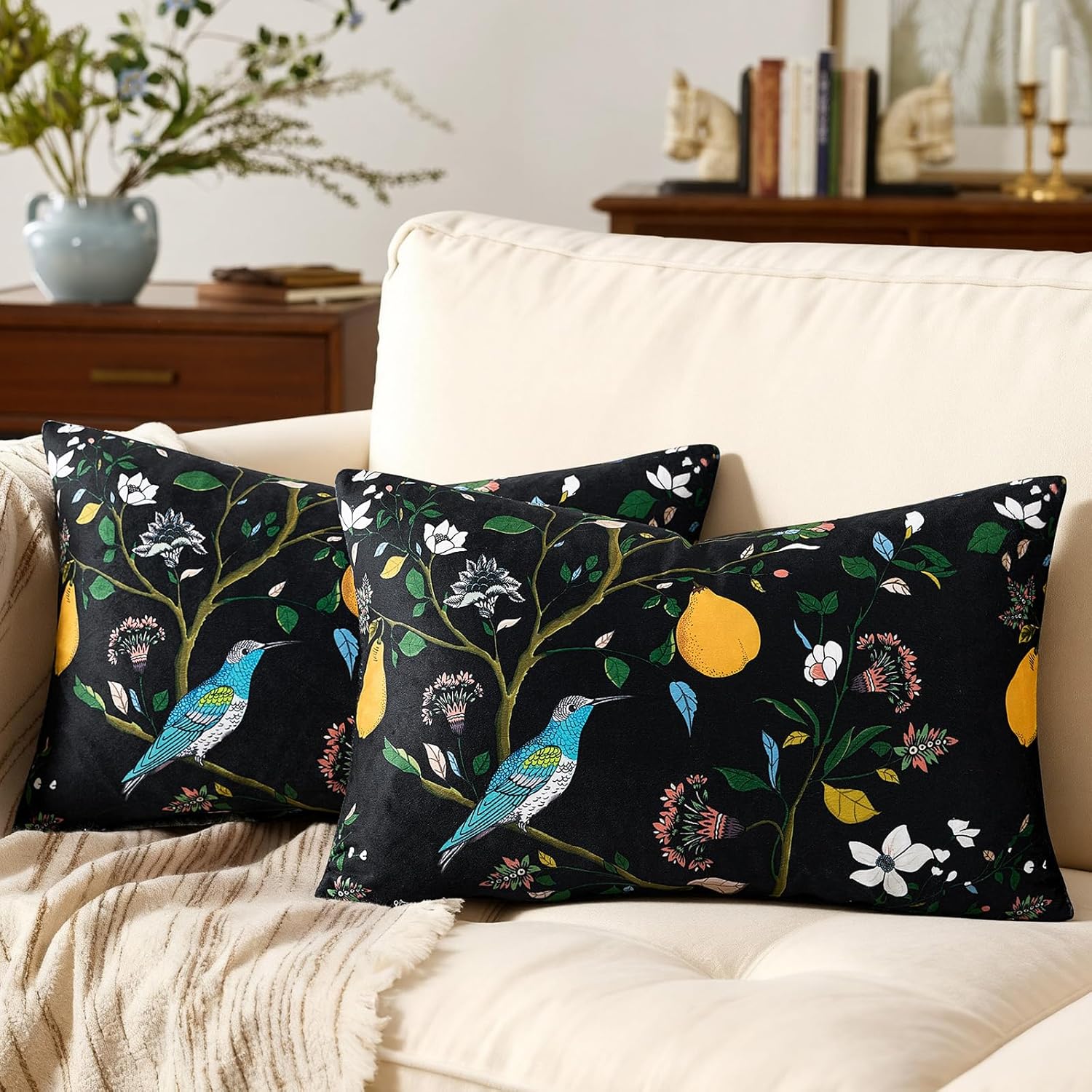 Velvet Boho Beige Pillow Cover — 20" — Black