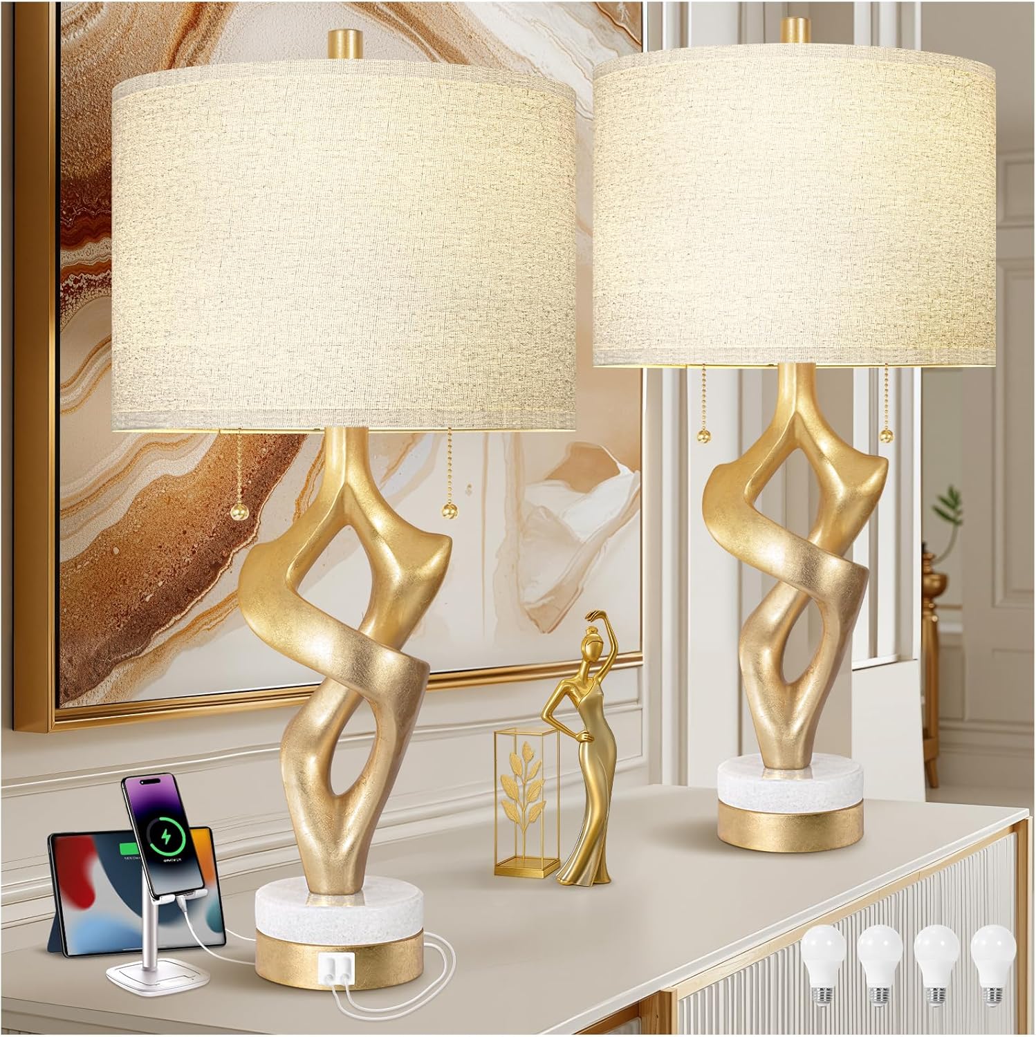 USB Luxe Stone Bedside Lamp — 26" — 26 inches Gold Leaf -028-2
