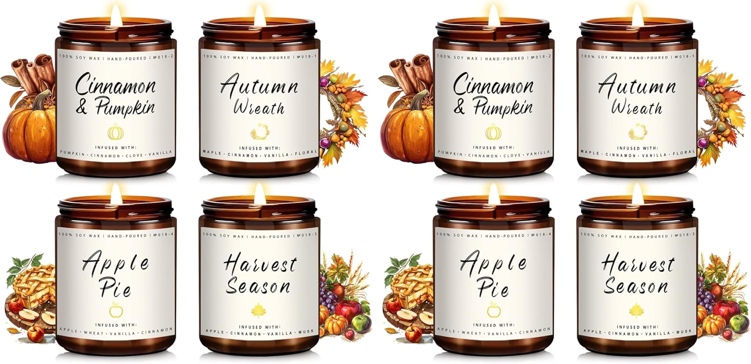 Soy Wax Scented Candle — Set of 4 — 4 Pack-Apple Pie/Cinnamon/Harvest/Wreath