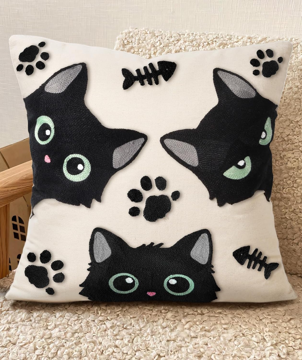 Embroidered Boho Red Throw Pillow Cover — 18" — Cat Bone