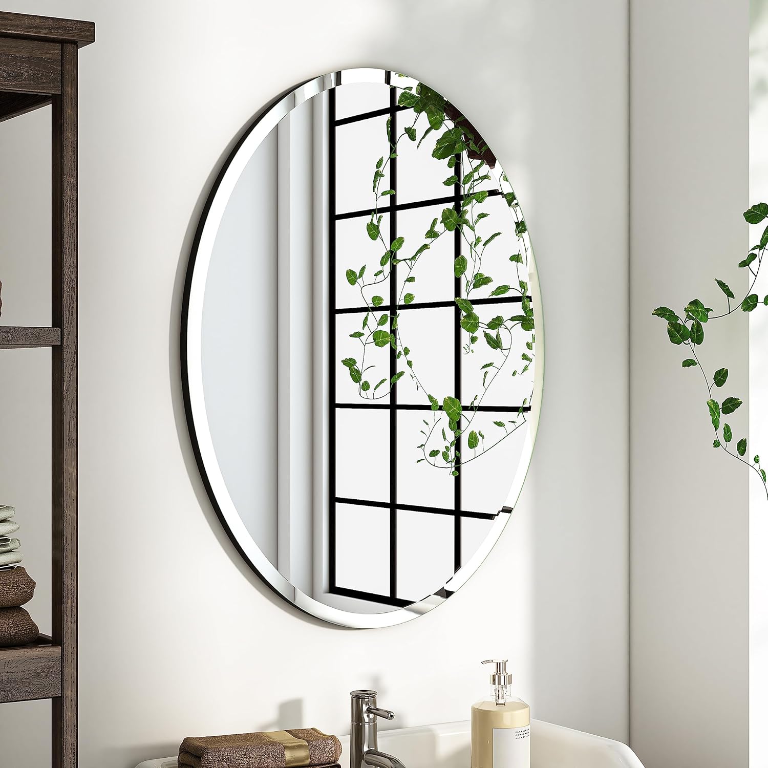 Beveled Beige Wall Mirror — 24" — Oval