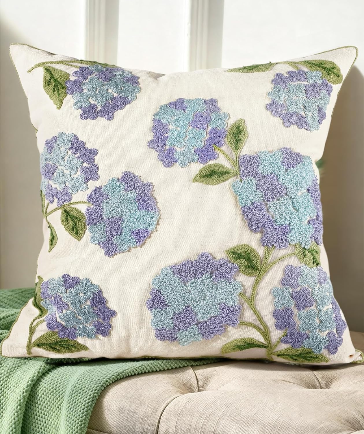 Embroidered Boho Beige Throw Pillow Cover — 18" — Blue-hydrangea